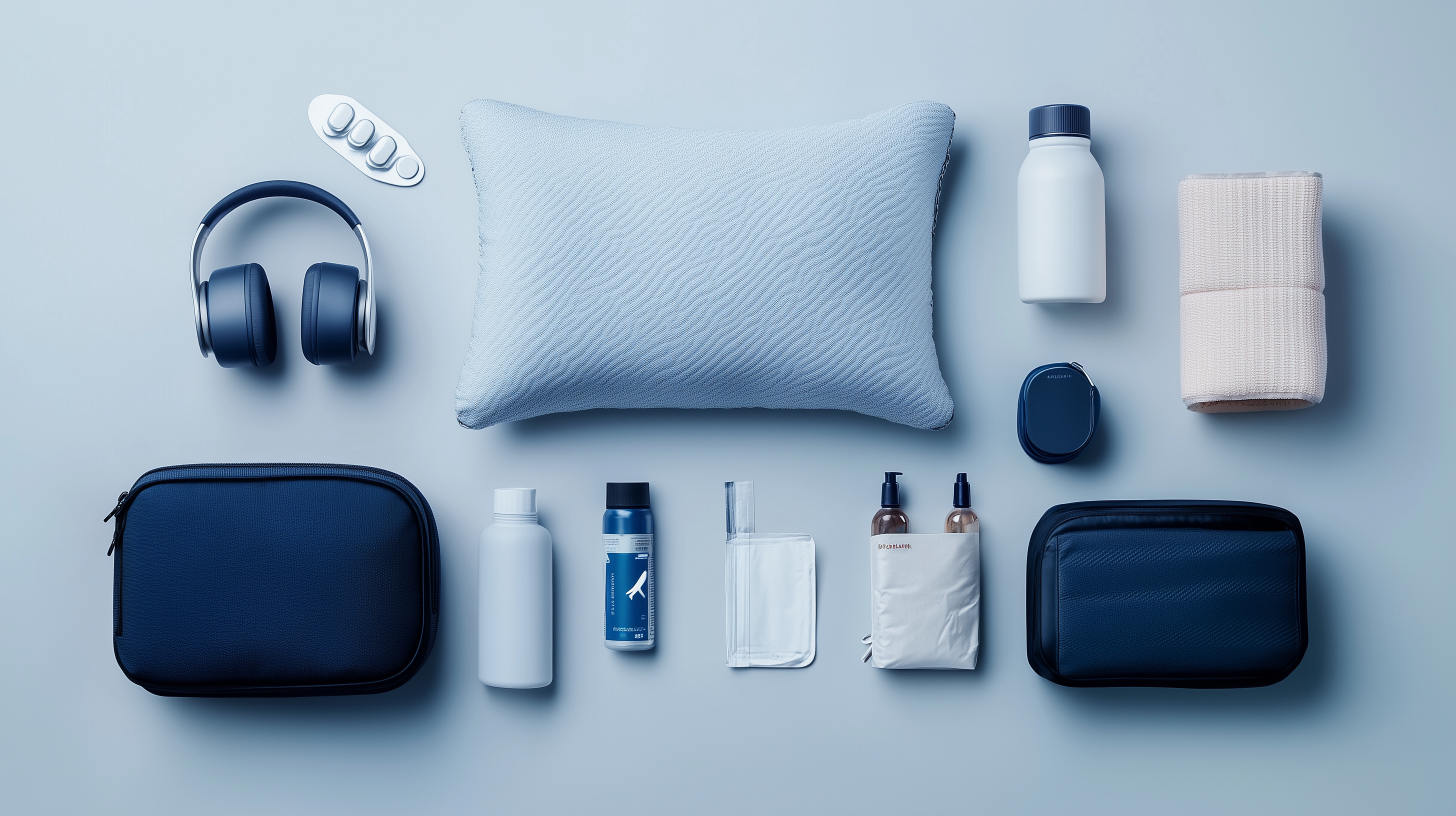 The image shows a neatly arranged collection of travel essentials on a light blue background. Items include a pair of over-ear headphones, a small pillow, a white bottle, a rolled-up beige blanket, a navy blue zippered pouch, a small round case, a blister pack of pills, and several travel-sized toiletry bottles.