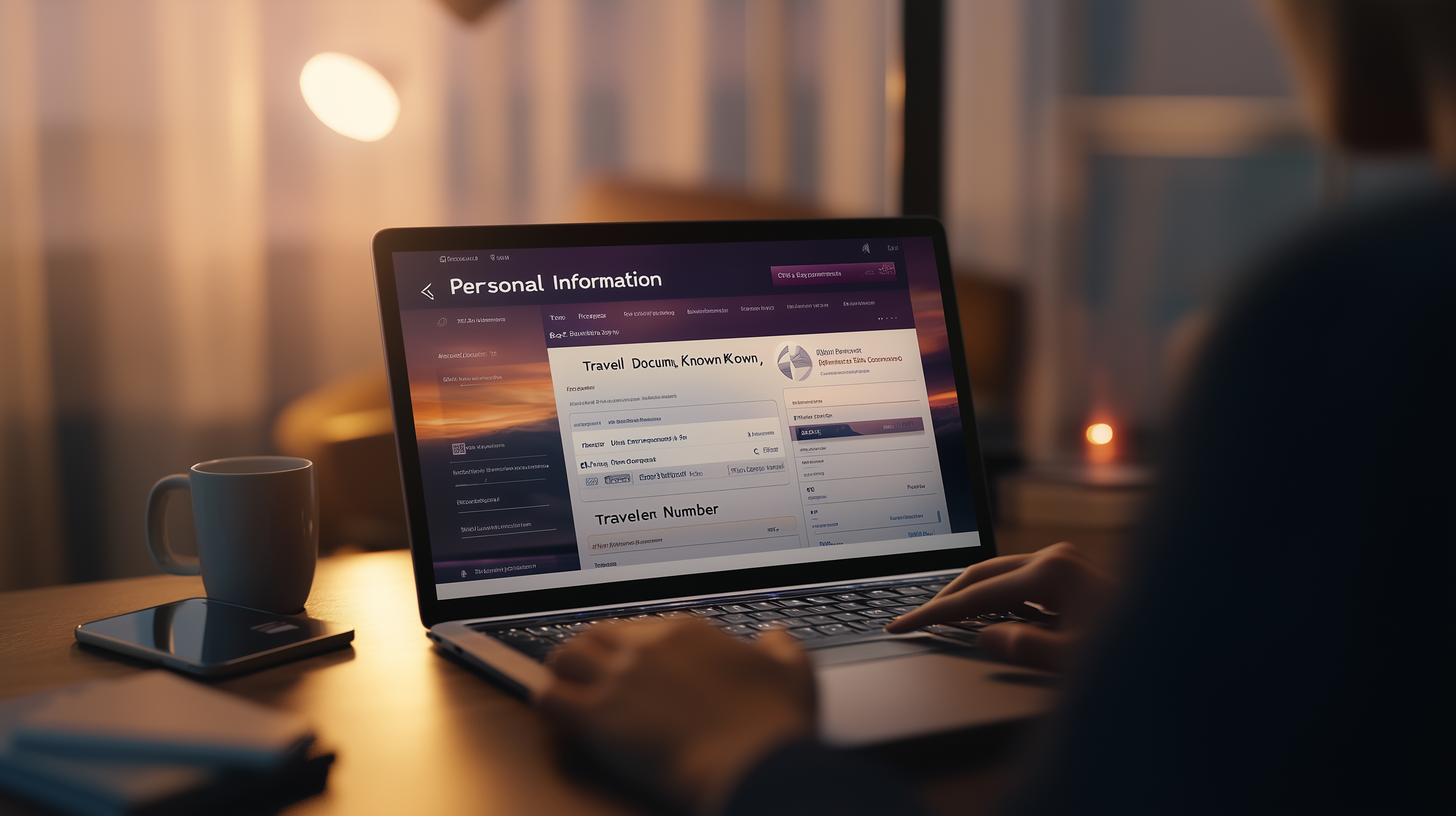 A person is using a laptop displaying a webpage titled "Personal Information." The screen shows various sections related to travel documents and traveler numbers. The setting is a dimly lit room with a warm ambiance, featuring a mug and a smartphone on the desk.