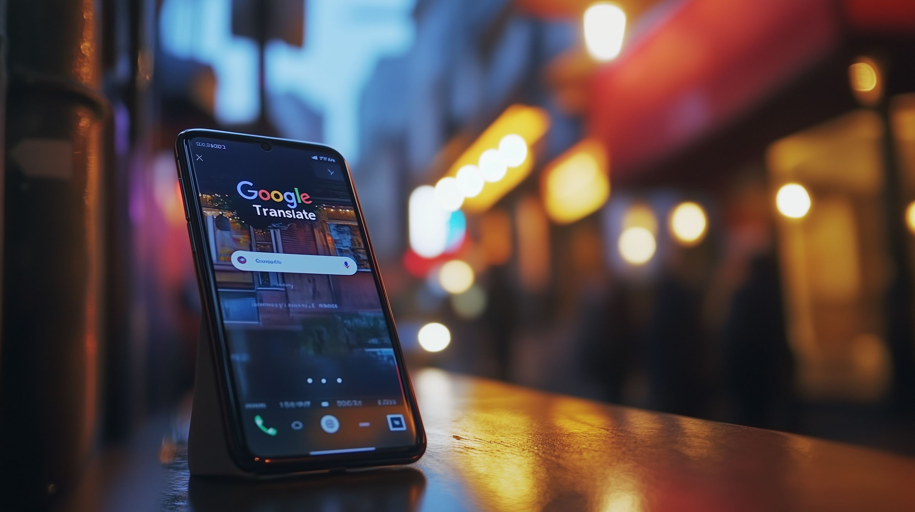 A smartphone is placed on a table in an outdoor setting during the evening. The screen displays the Google Translate app. The background is blurred, showing warm lights and the outlines of people and buildings, suggesting a lively street scene.