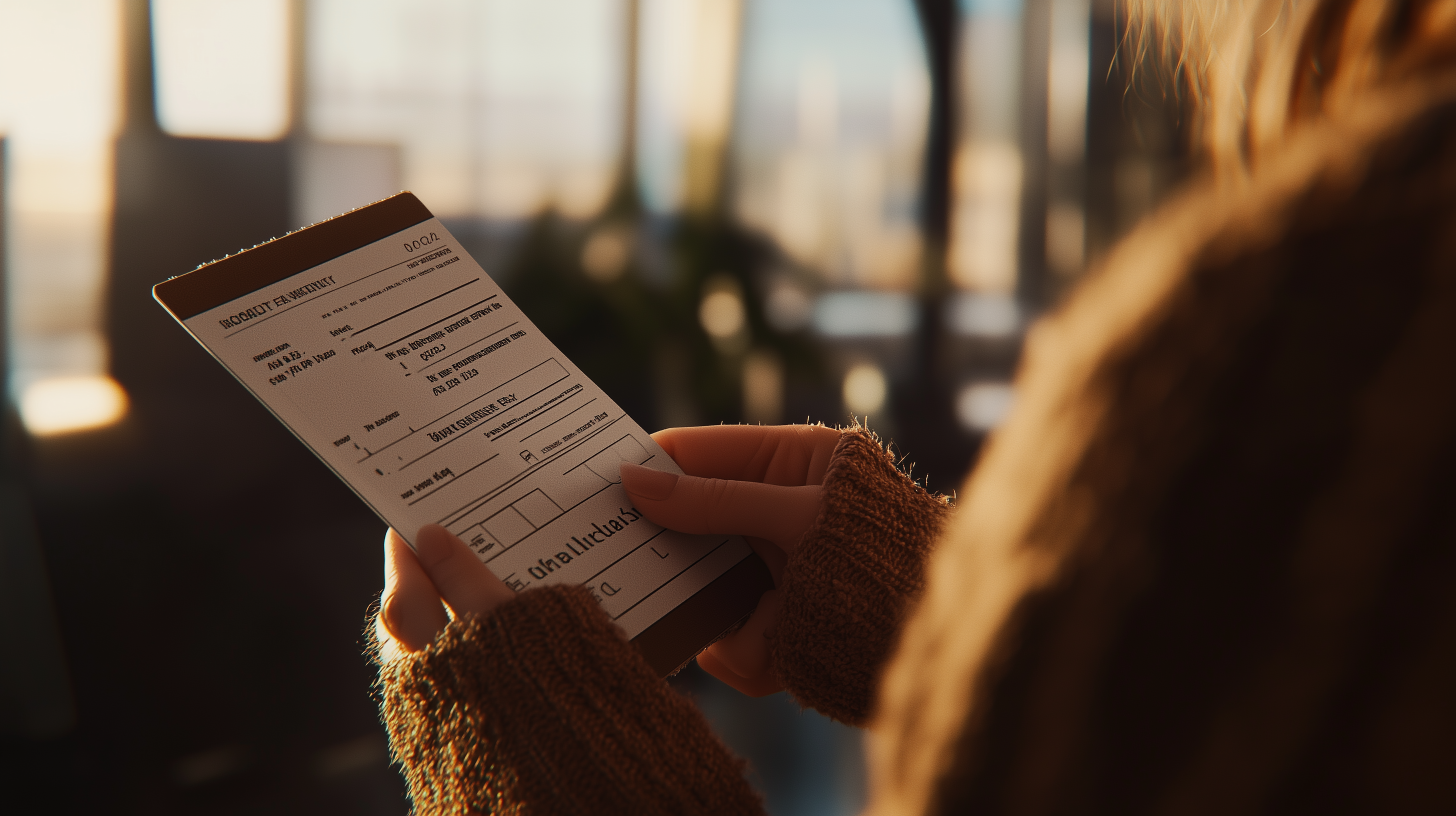 A person is holding a boarding pass in their hands. The background is softly blurred, suggesting an airport or travel setting. The person is wearing a cozy, brown sweater. The image is warmly lit, creating a calm and inviting atmosphere.