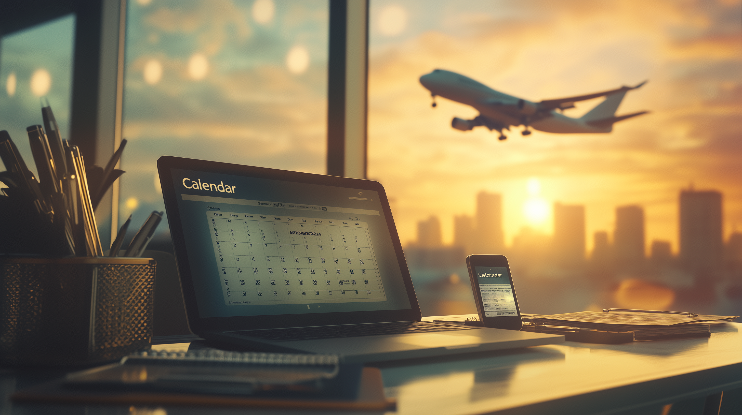 A desk with a laptop and a smartphone displaying a calendar is shown in the foreground. The desk also has a pen holder and some documents. In the background, a large window reveals a city skyline with a plane flying across a sunset sky.