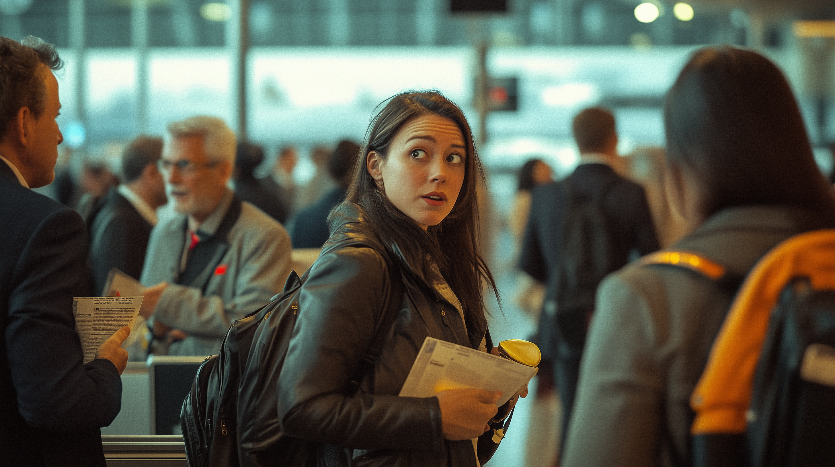 A woman with long dark hair is standing in an airport terminal, holding a travel document and a yellow cup. She is wearing a black leather jacket and has a backpack. The background shows other travelers and airport staff, with a blurred view of the terminal. The woman appears to be looking back over her shoulder.