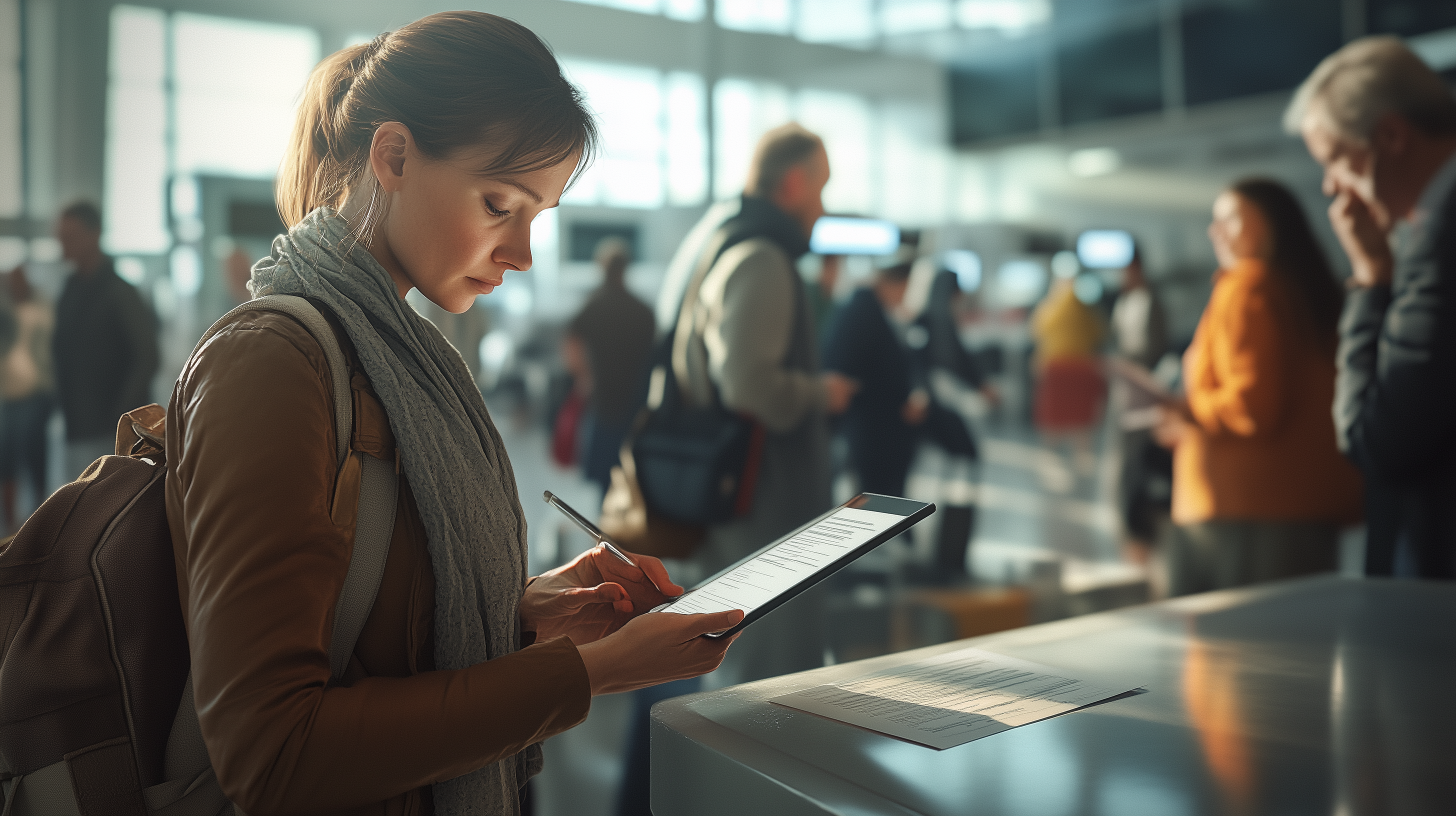 A woman is standing in an airport terminal, holding a clipboard and pen, appearing to fill out a form. She is wearing a brown jacket and a gray scarf, with a backpack on her shoulder. The background shows other travelers and airport check-in counters, with a bright, airy atmosphere.
