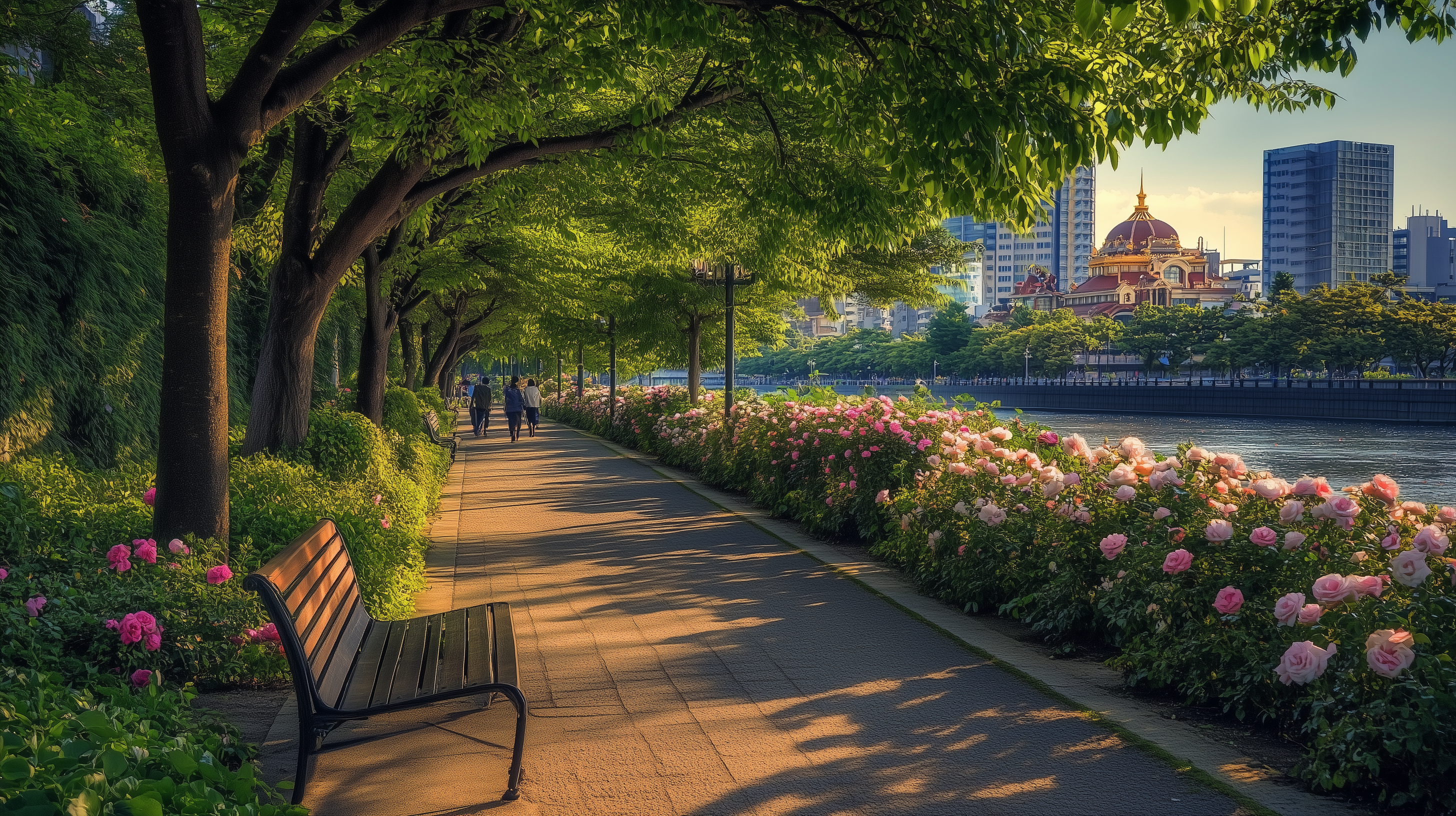 A scenic riverside walkway lined with trees and blooming pink roses. The path is shaded by the trees, and a wooden bench is visible in the foreground. In the background, there are people walking and a large, ornate building with a dome, surrounded by modern skyscrapers. The scene is bathed in warm, golden sunlight.