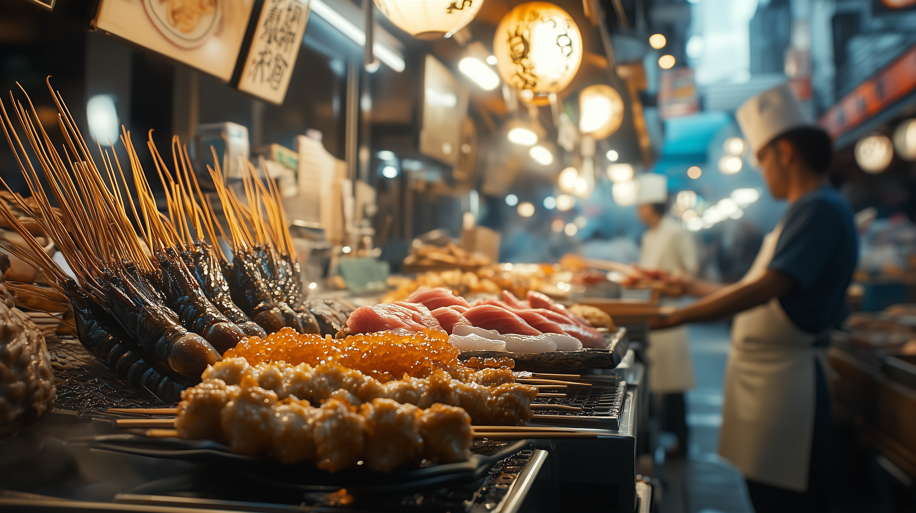 The image shows a vibrant street food market scene with a variety of skewered seafood and meat on display. In the foreground, there are skewers of grilled seafood, possibly shrimp or lobster, and other skewered items. In the background, a person wearing a chef's hat and apron is preparing food. The market is well-lit with hanging lanterns, creating a warm and inviting atmosphere.
