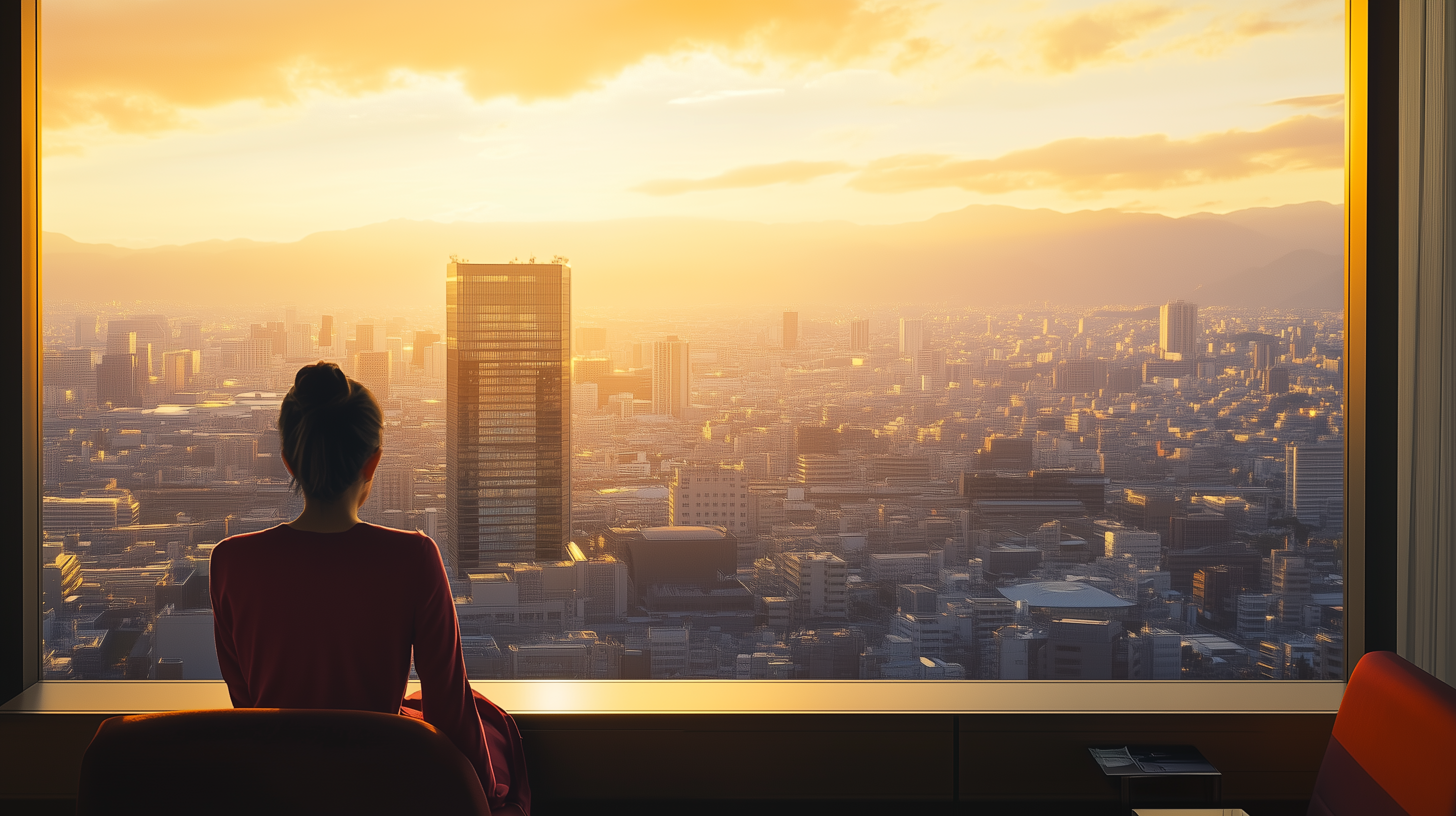 A person is sitting in a room with a large window, looking out at a cityscape during sunset. The sky is filled with warm orange and yellow hues, and the city is bathed in soft light. A tall building is prominently visible in the distance. The person is silhouetted against the bright sky, creating a peaceful and contemplative scene.