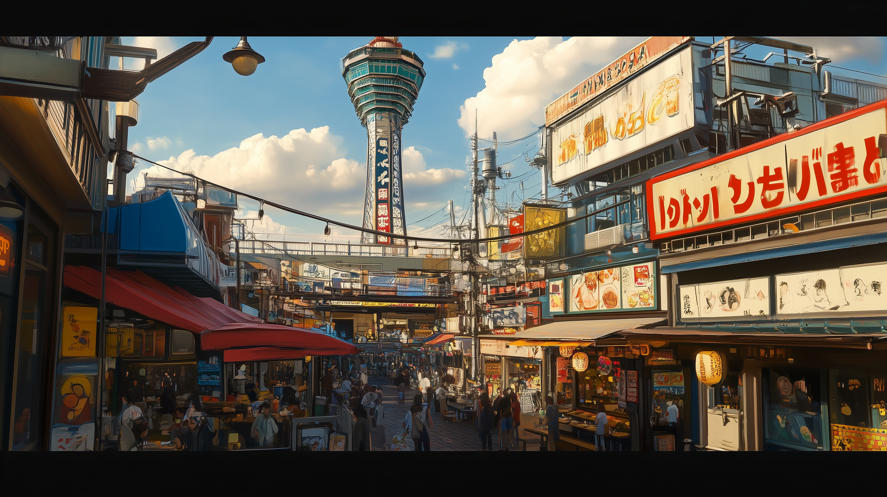 A bustling urban street scene in Japan, featuring a tall tower in the background. The street is lined with colorful signs and banners, many with Japanese text. There are numerous small shops and food stalls with red and blue awnings. People are walking and shopping, creating a lively atmosphere. Overhead, there are power lines and street lamps, and the sky is partly cloudy.