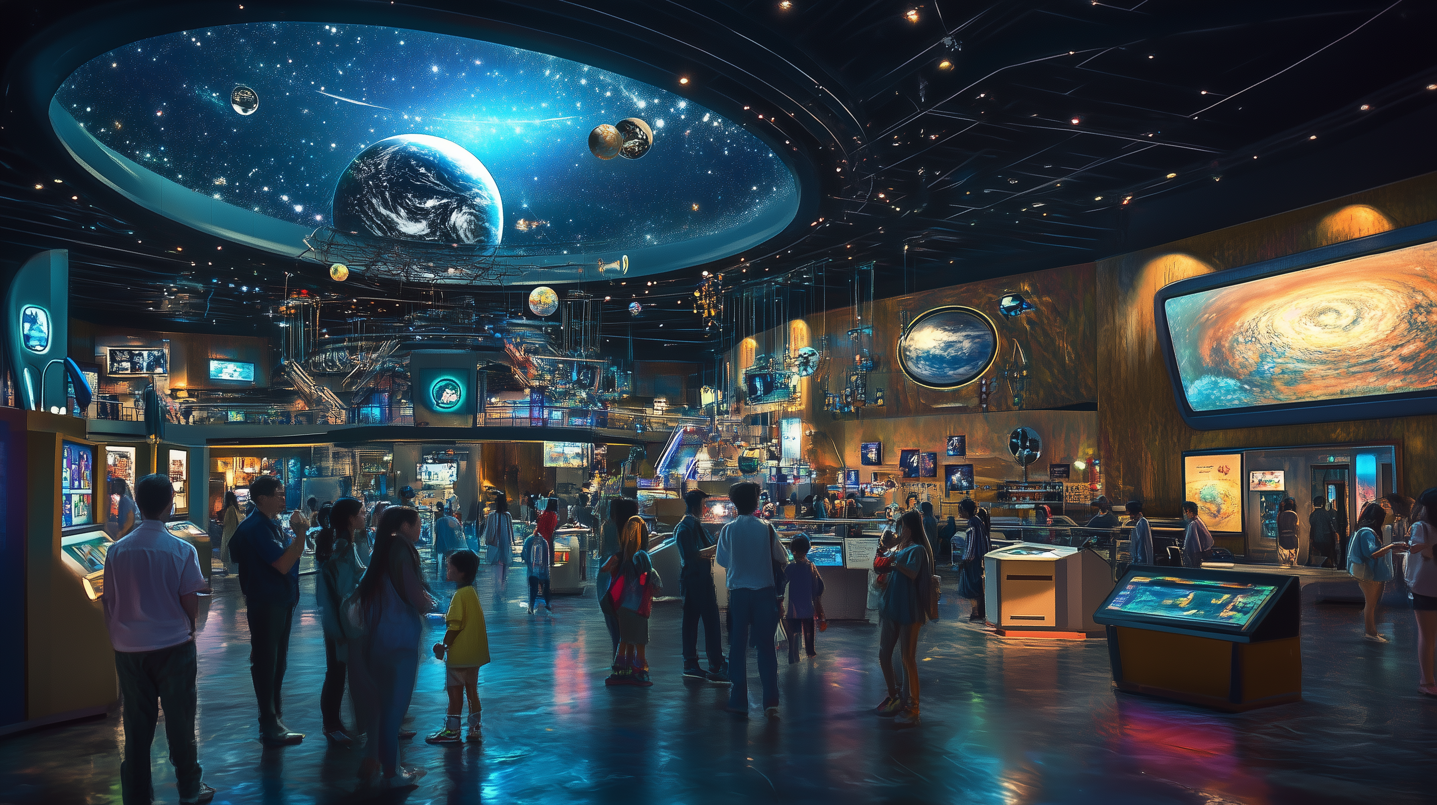 The image depicts a futuristic space-themed museum or exhibition hall. The ceiling features a large, illuminated display of Earth and other celestial bodies, creating a starry sky effect. The room is filled with people, including adults and children, who are observing various interactive exhibits and displays. The atmosphere is vibrant and educational, with digital screens and models related to space exploration and astronomy.