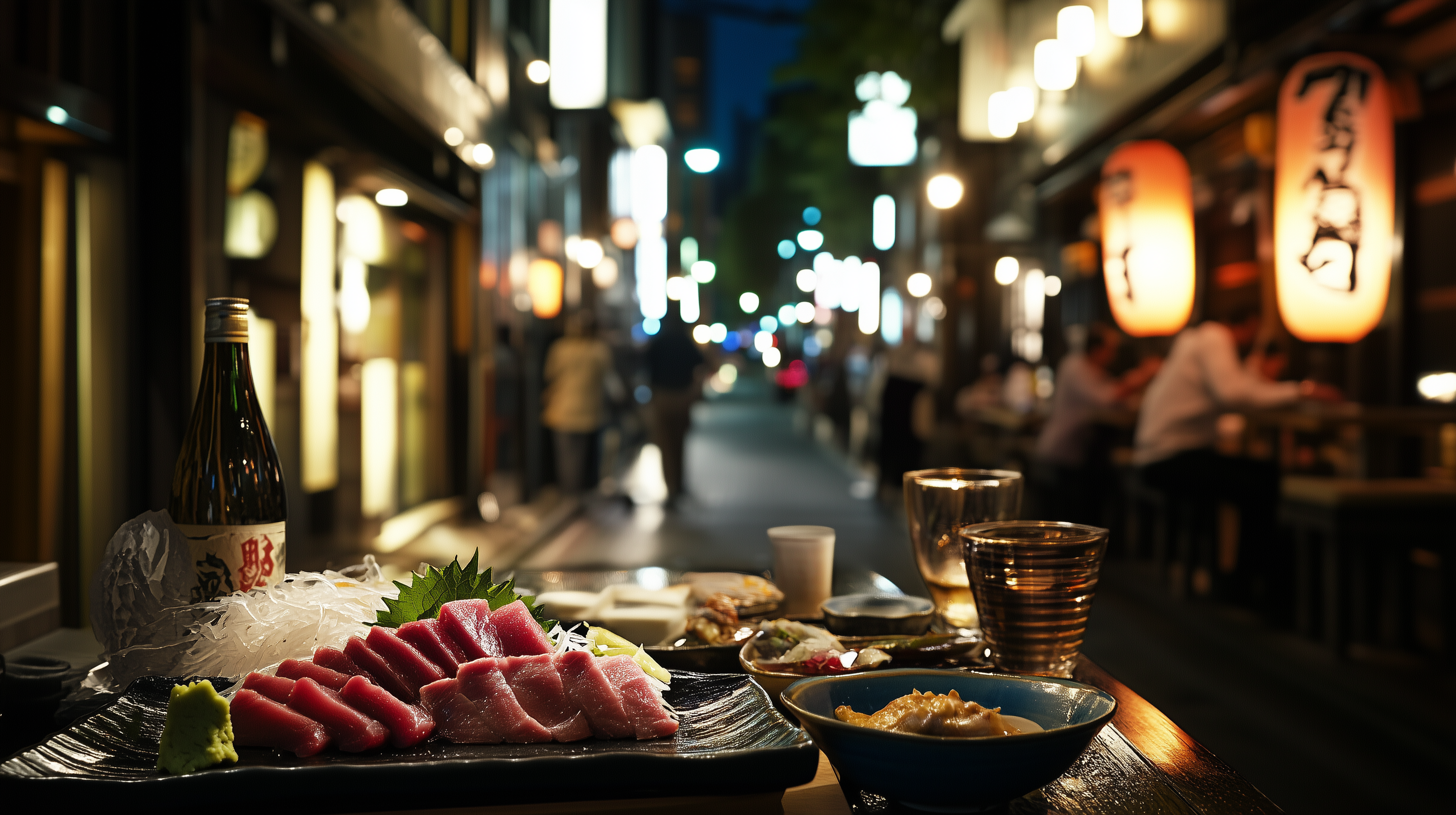 A plate of sliced sashimi, garnished with wasabi and shredded daikon, is placed on a table in an outdoor dining setting. A bottle of sake and several small dishes accompany the meal. The background features a dimly lit street with blurred figures and glowing lanterns, creating a cozy, bustling atmosphere.