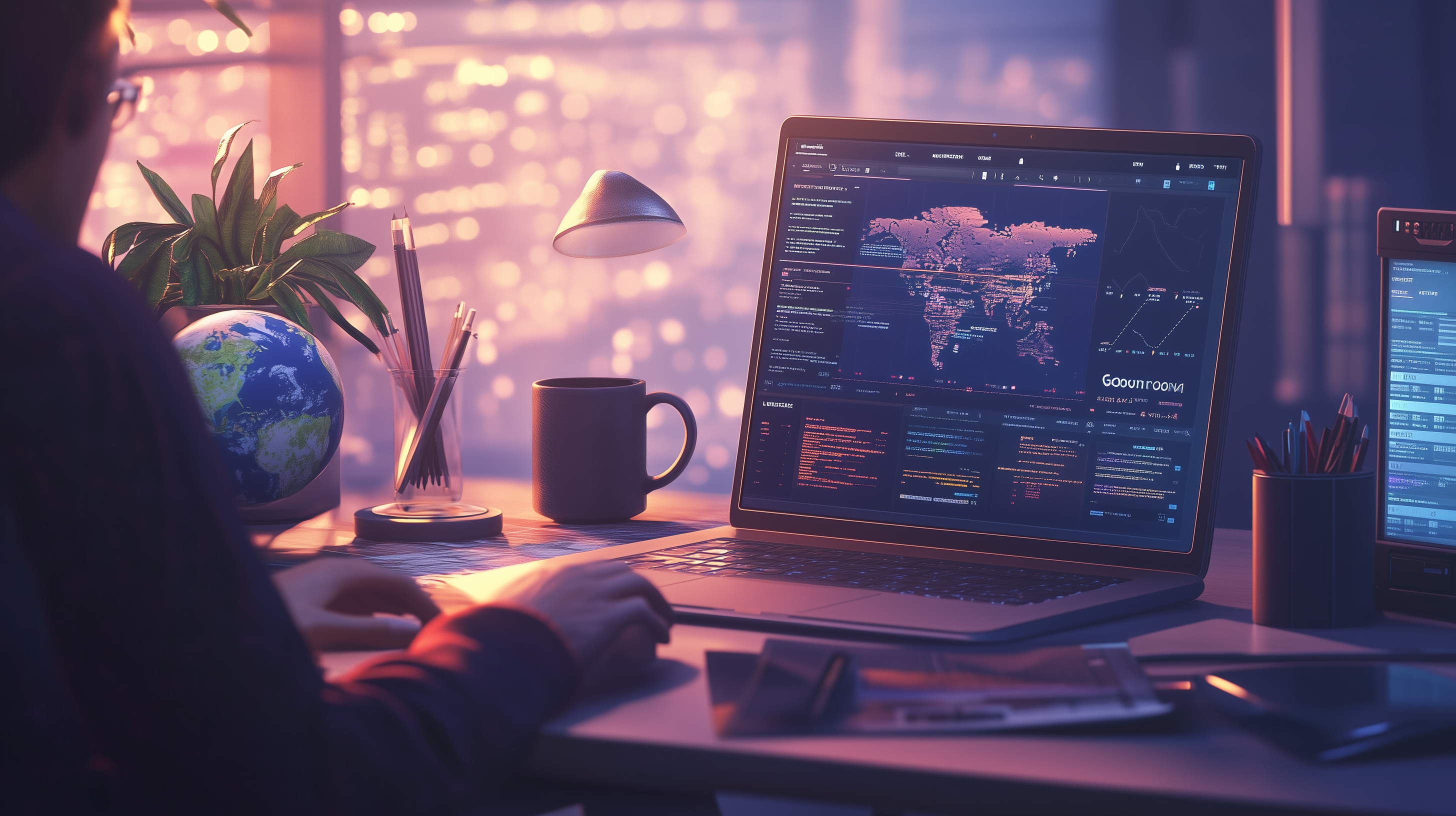 A person is sitting at a desk with a laptop displaying a world map and data visualizations. The desk also has a globe, a plant, a mug, and a container with pencils. The setting is a dimly lit room with a cityscape visible through the window, creating a focused and tech-oriented atmosphere.
