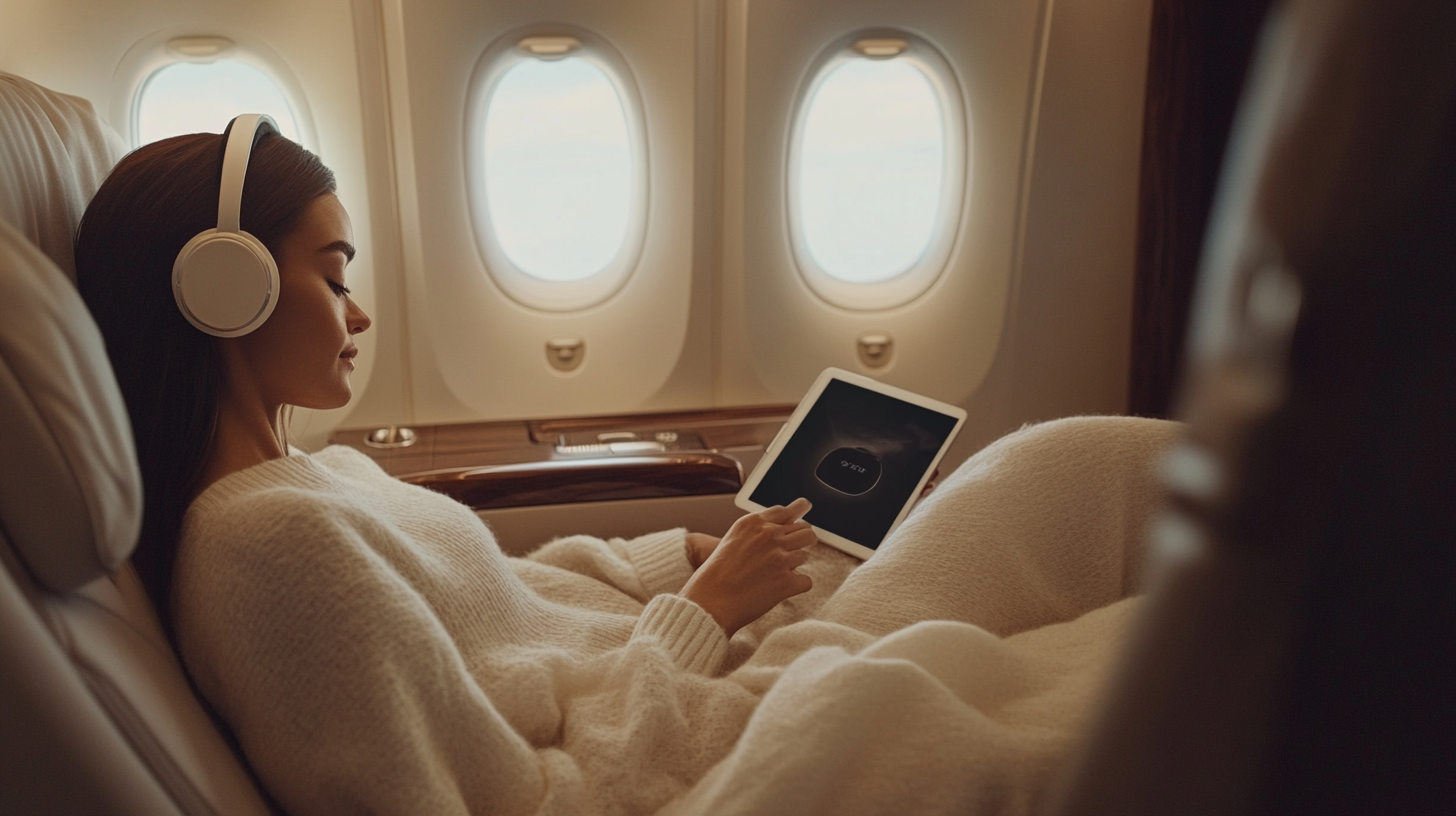 A person is relaxing in an airplane seat, wearing headphones and holding a tablet. They are covered with a cozy blanket, and the airplane windows are visible in the background.