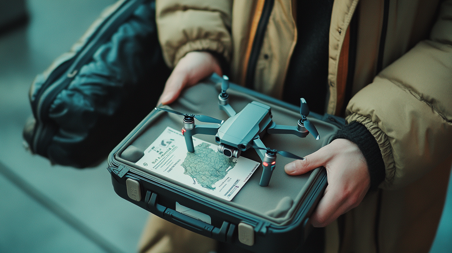 A person wearing a beige jacket is holding a small drone on top of a closed suitcase. The suitcase has a map and some documents on it. The drone is compact with four propellers.