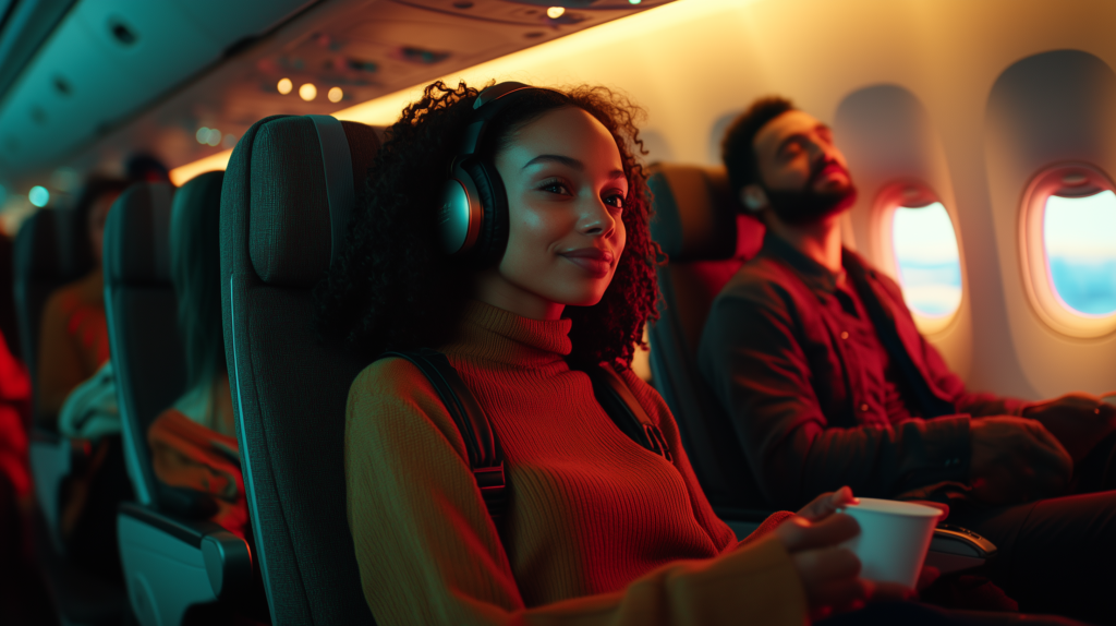 A woman is sitting on an airplane, wearing headphones and a red sweater, holding a cup. She appears relaxed and is looking out the window. The cabin is softly lit, and a man is seated next to her, resting with his eyes closed.