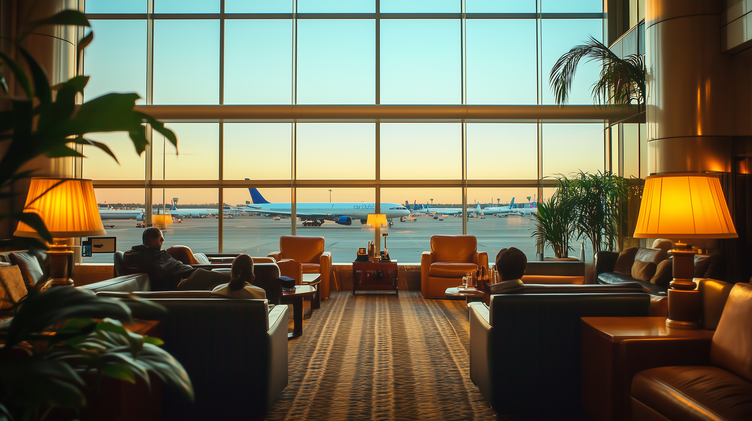 The image shows an airport lounge with comfortable seating and warm lighting from table lamps. Large windows offer a view of the airport runway, where several airplanes are parked. There are a few people sitting and relaxing in the lounge, and potted plants add a touch of greenery to the space. The sky outside is clear, suggesting a calm day.
