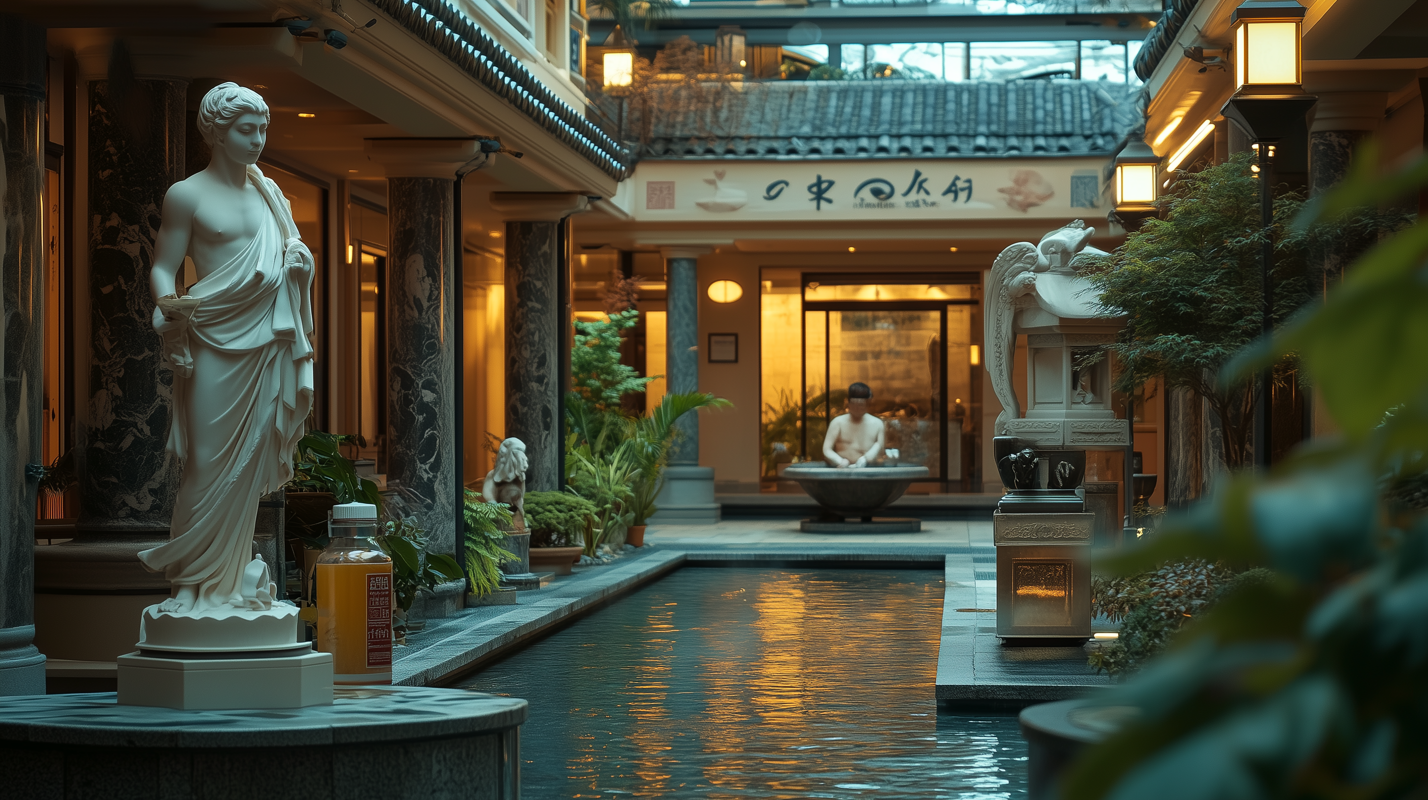 The image depicts an elegant indoor space with a narrow water feature running through the center. On the left, there is a classical-style statue of a draped figure. The area is adorned with plants and decorative elements, including another statue on the right. In the background, a person is seated at a round stone basin. The setting is warmly lit, with lanterns and architectural details suggesting a serene, spa-like environment.