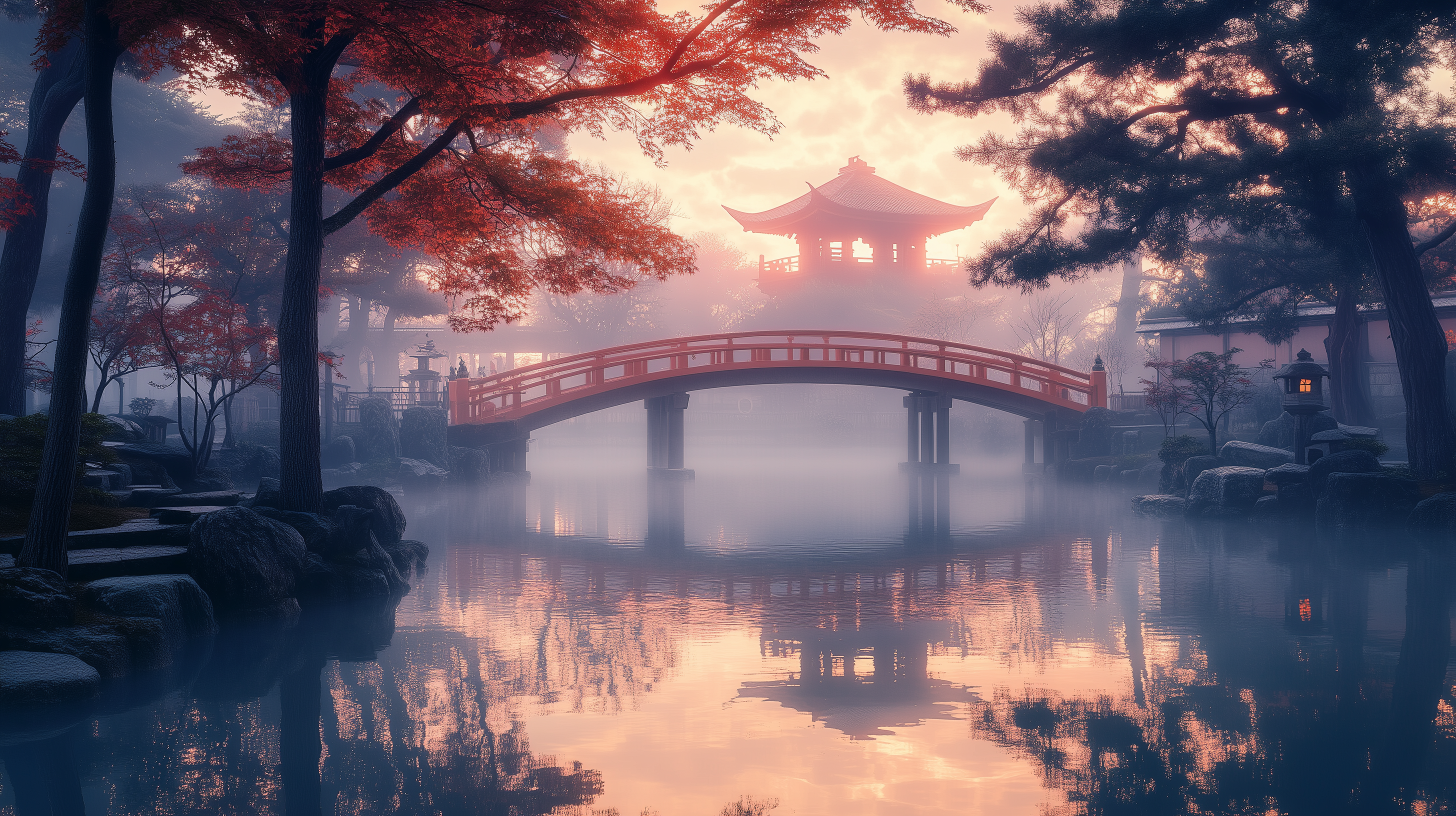 A serene scene of a Japanese garden at sunrise, featuring a red arched bridge over a calm pond. The water reflects the bridge and surrounding trees, which have vibrant red leaves. In the background, a traditional pagoda is partially obscured by mist, creating a tranquil and atmospheric setting.