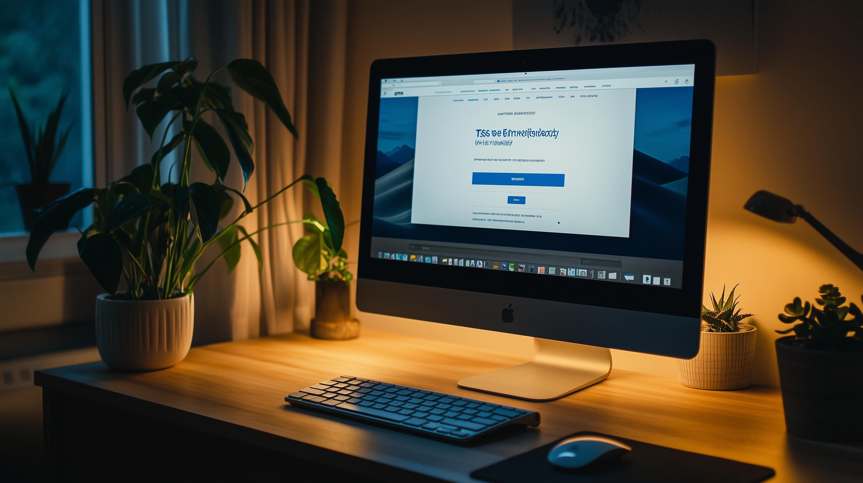 A cozy home office setup featuring a desktop computer on a wooden desk. The computer screen displays a website with text and a login button. The desk is decorated with several potted plants, and a keyboard and mouse are placed in front of the monitor. Soft, warm lighting creates a comfortable atmosphere, and a window with curtains is visible in the background.