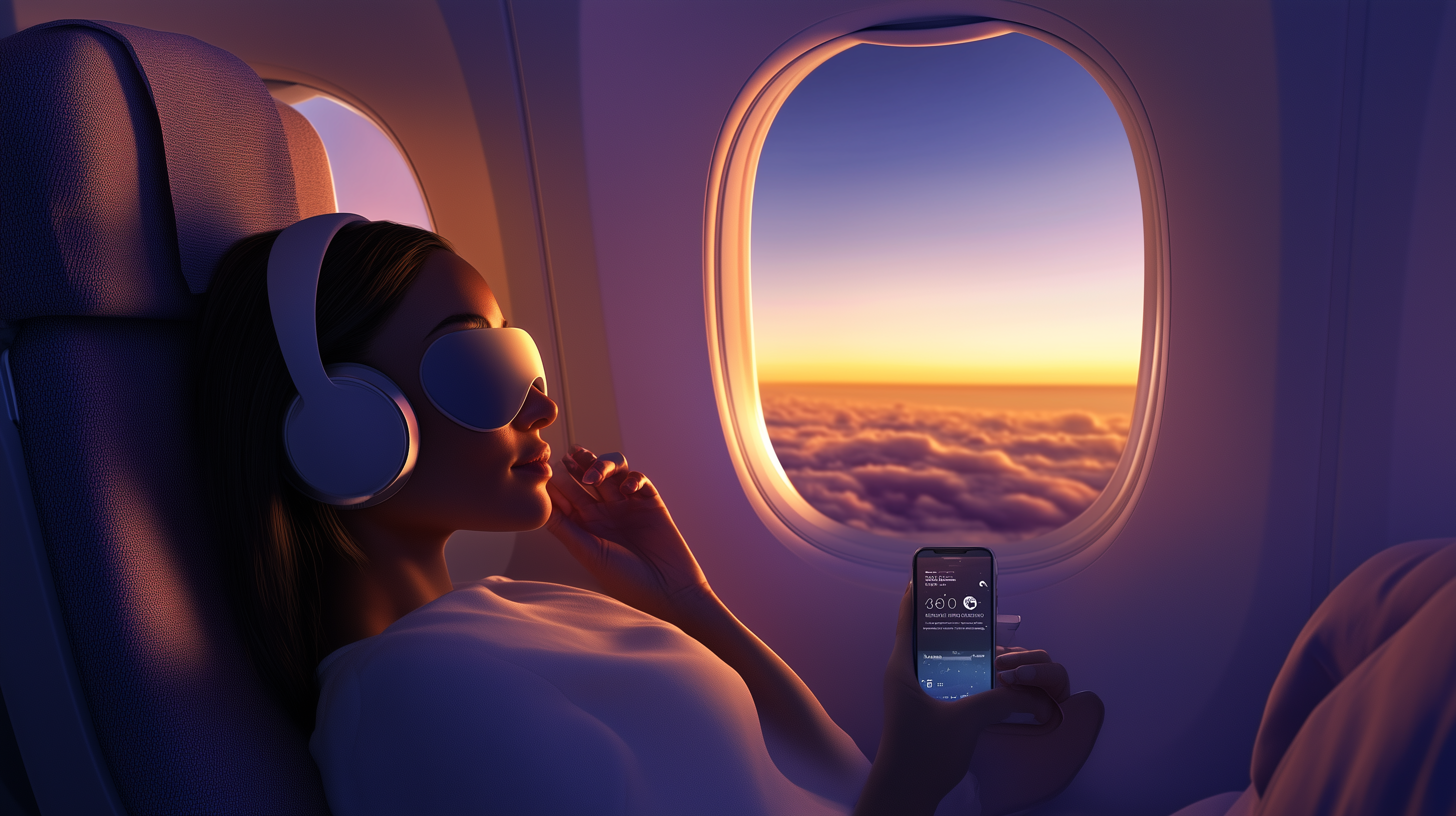 A person is sitting in an airplane seat, wearing headphones and an eye mask, holding a smartphone. The view outside the window shows a sunset or sunrise above the clouds, casting a warm glow inside the cabin.