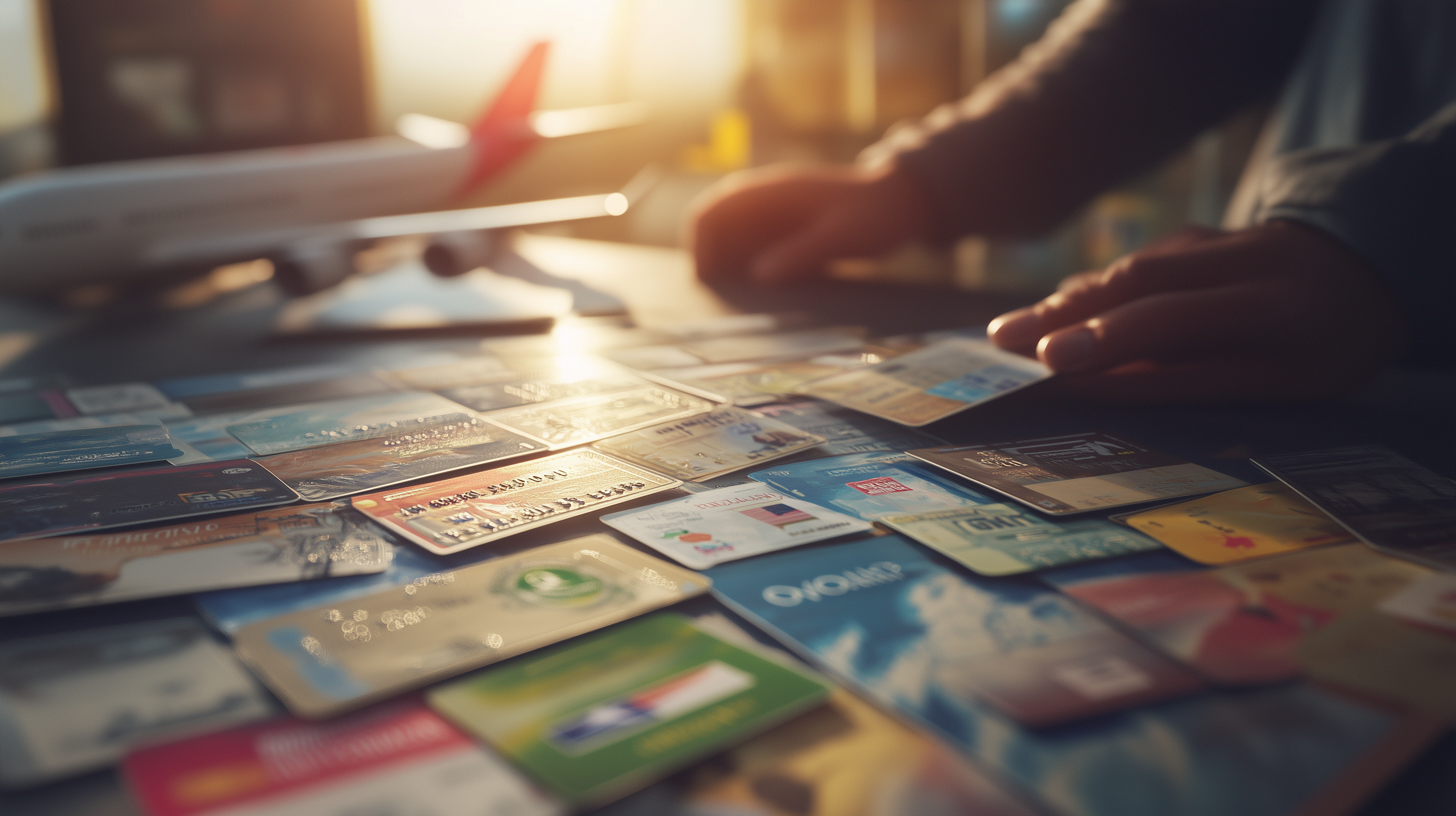 The image shows a collection of various credit cards spread out on a table. A person's hand is reaching towards the cards. In the background, there is a model airplane, and the scene is illuminated by warm, natural light, suggesting a travel-related theme.