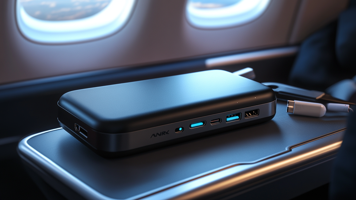 A portable power bank with multiple charging ports is placed on an airplane tray table. The background shows an airplane window with a view of the sky. A USB-C cable is also visible next to the power bank.