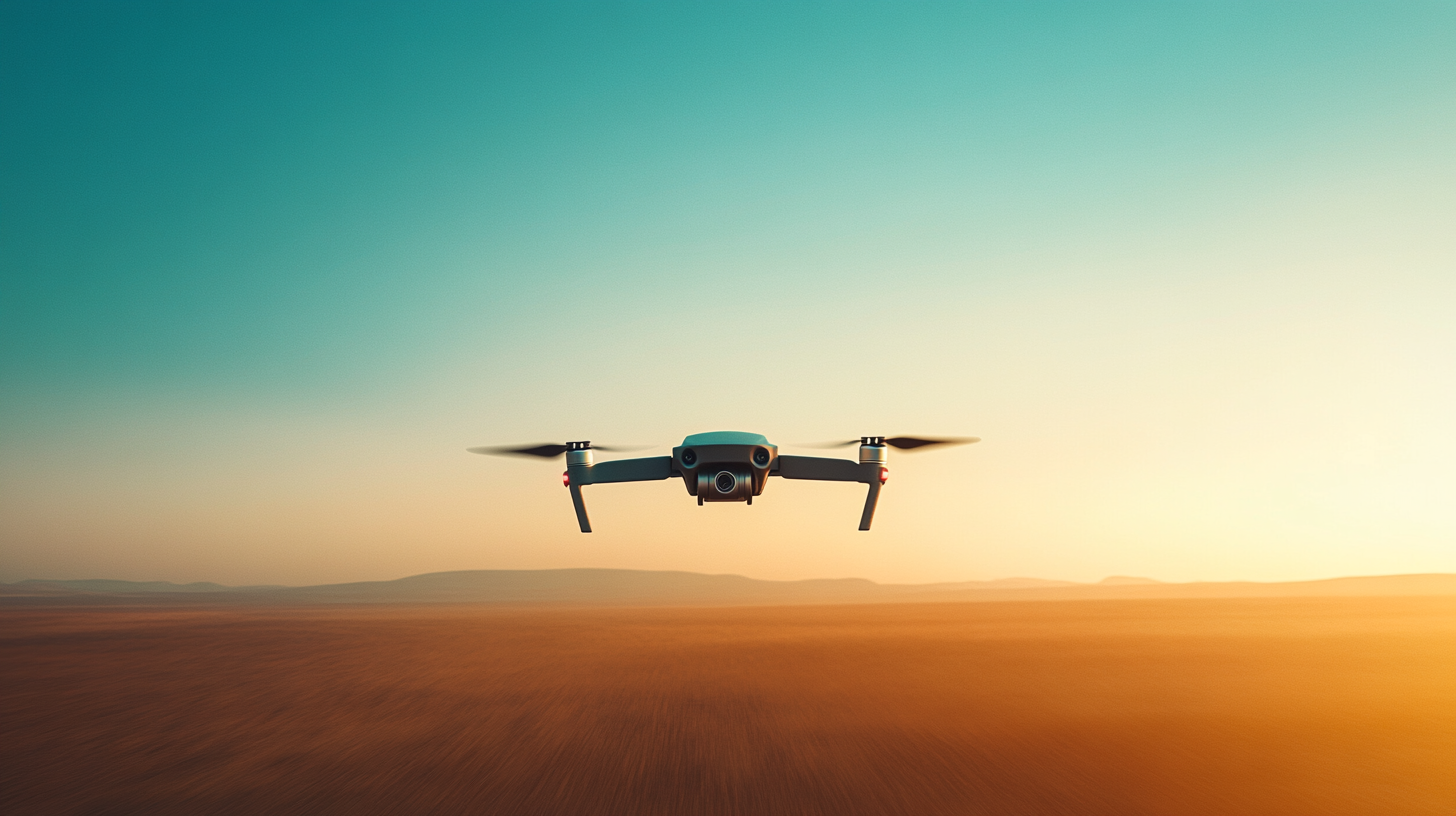 A drone is flying over a vast desert landscape during sunset. The sky is a gradient of blue and orange, and the horizon is visible in the distance.