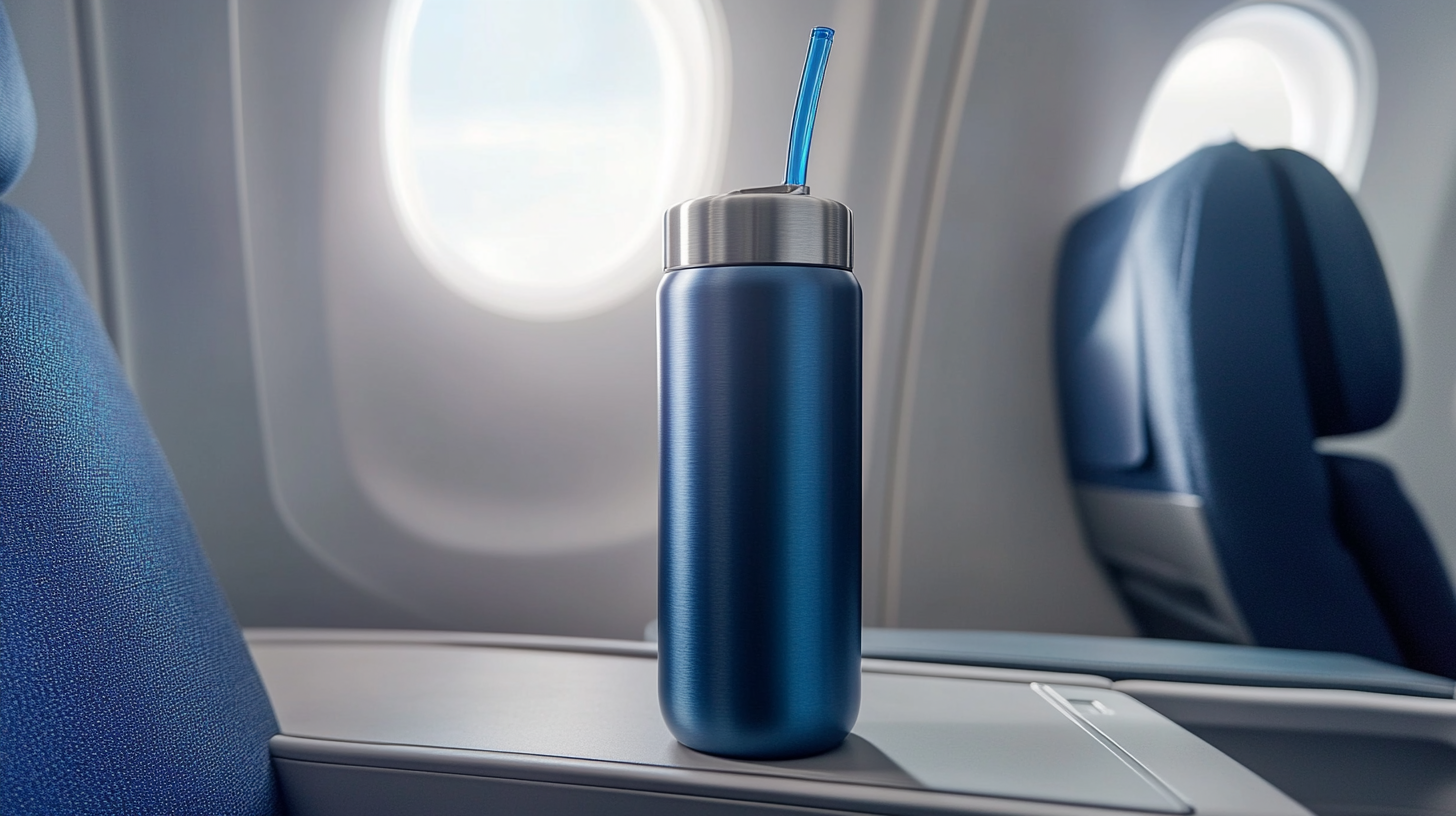 A blue metal water bottle with a straw is placed on an airplane seat's armrest. The background shows a window with light coming through and part of the airplane's interior, including a blue seat.