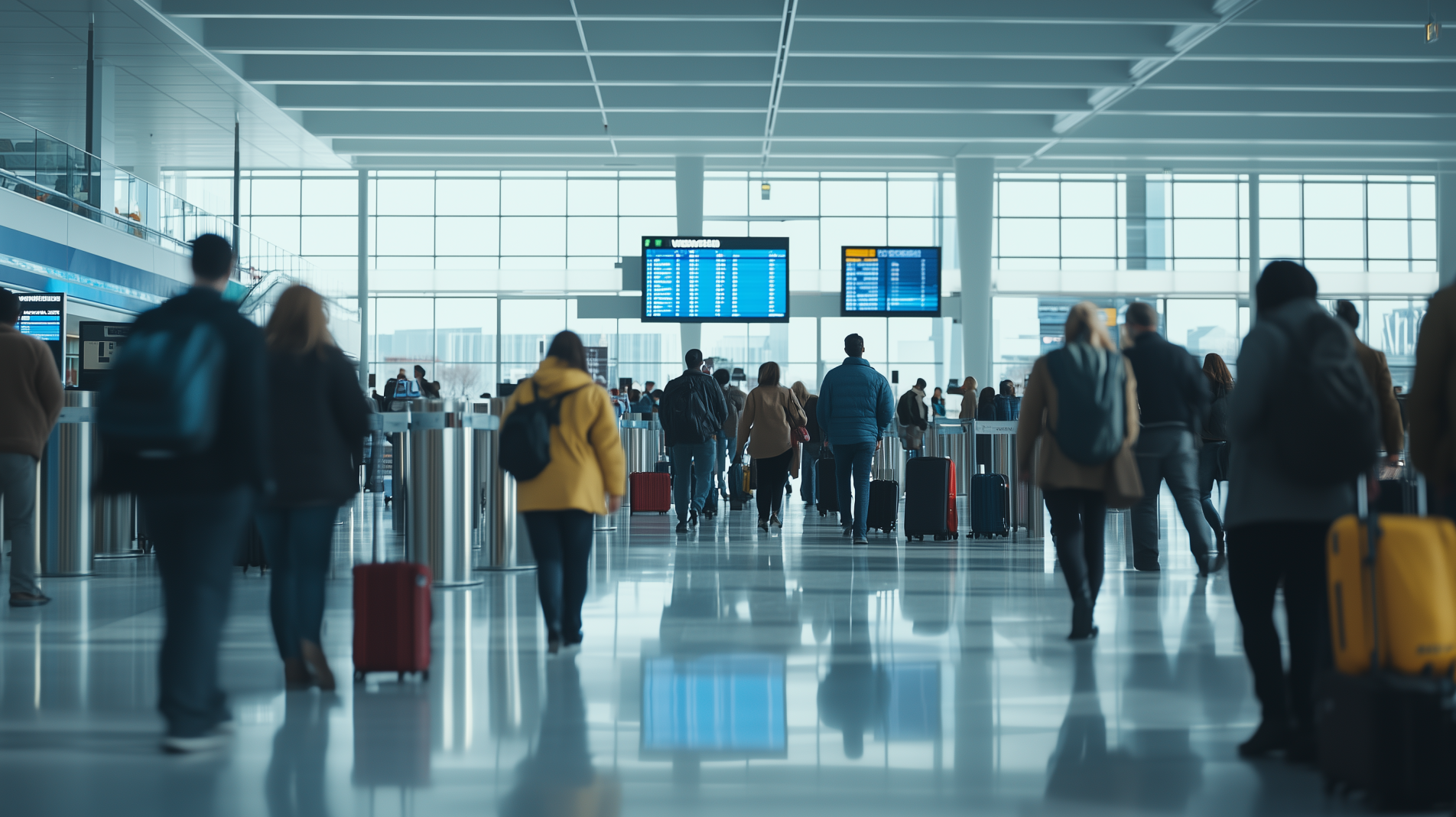 The image shows a busy airport terminal with people walking in various directions, some pulling suitcases. Overhead, there are large digital screens displaying flight information. The terminal is spacious and well-lit with natural light coming through large windows.
