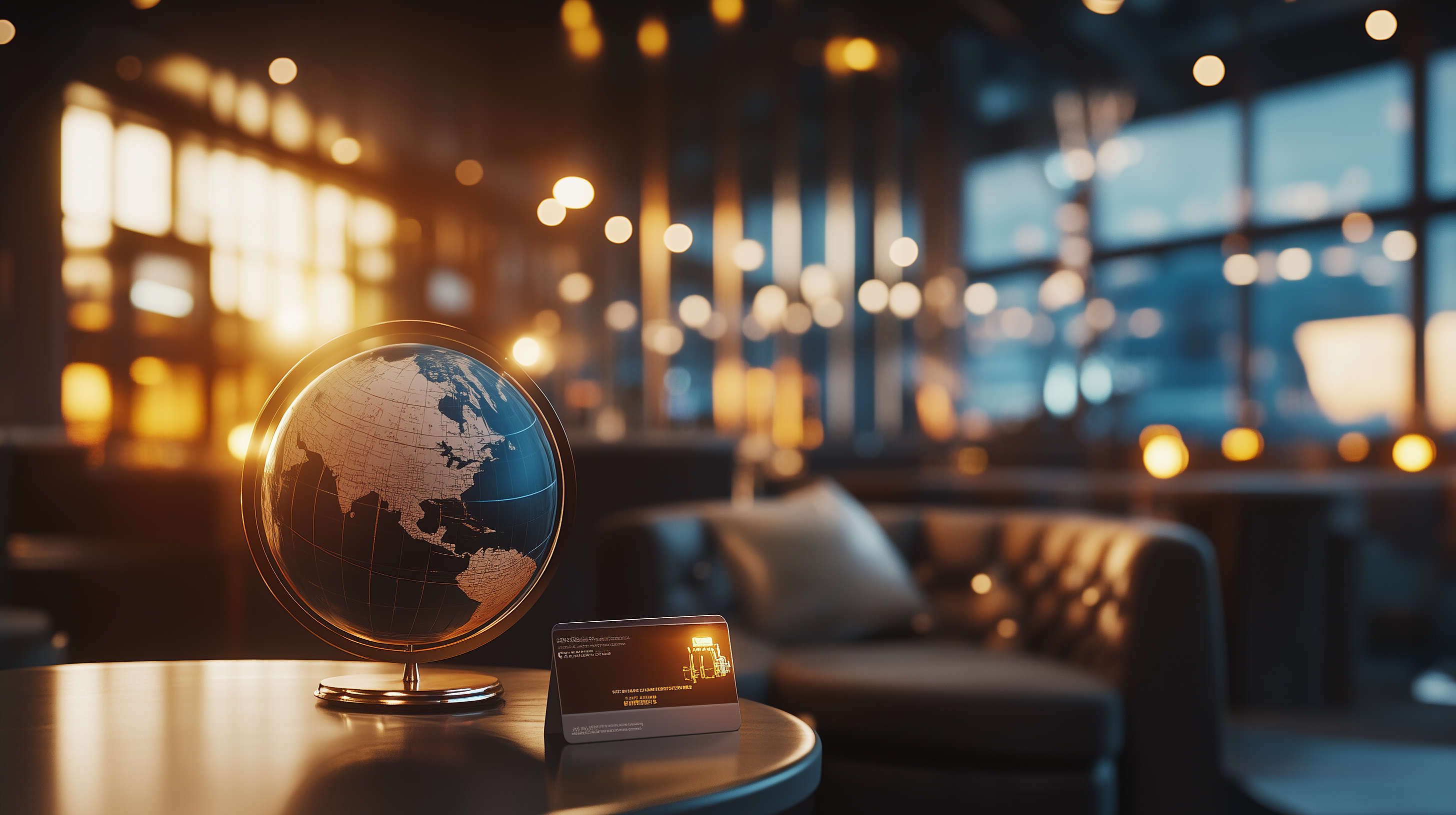 A globe is placed on a table in a dimly lit, modern lounge or office setting. The background features blurred lights and large windows, creating a warm and cozy atmosphere. A small card with text is also on the table next to the globe.