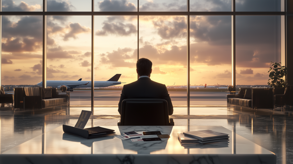 A person in a suit is sitting in an airport lounge, facing large windows that overlook the runway. An airplane is visible outside, and the sky is filled with clouds during a sunset. The lounge has a modern design with a marble table in the foreground, holding documents and a laptop.