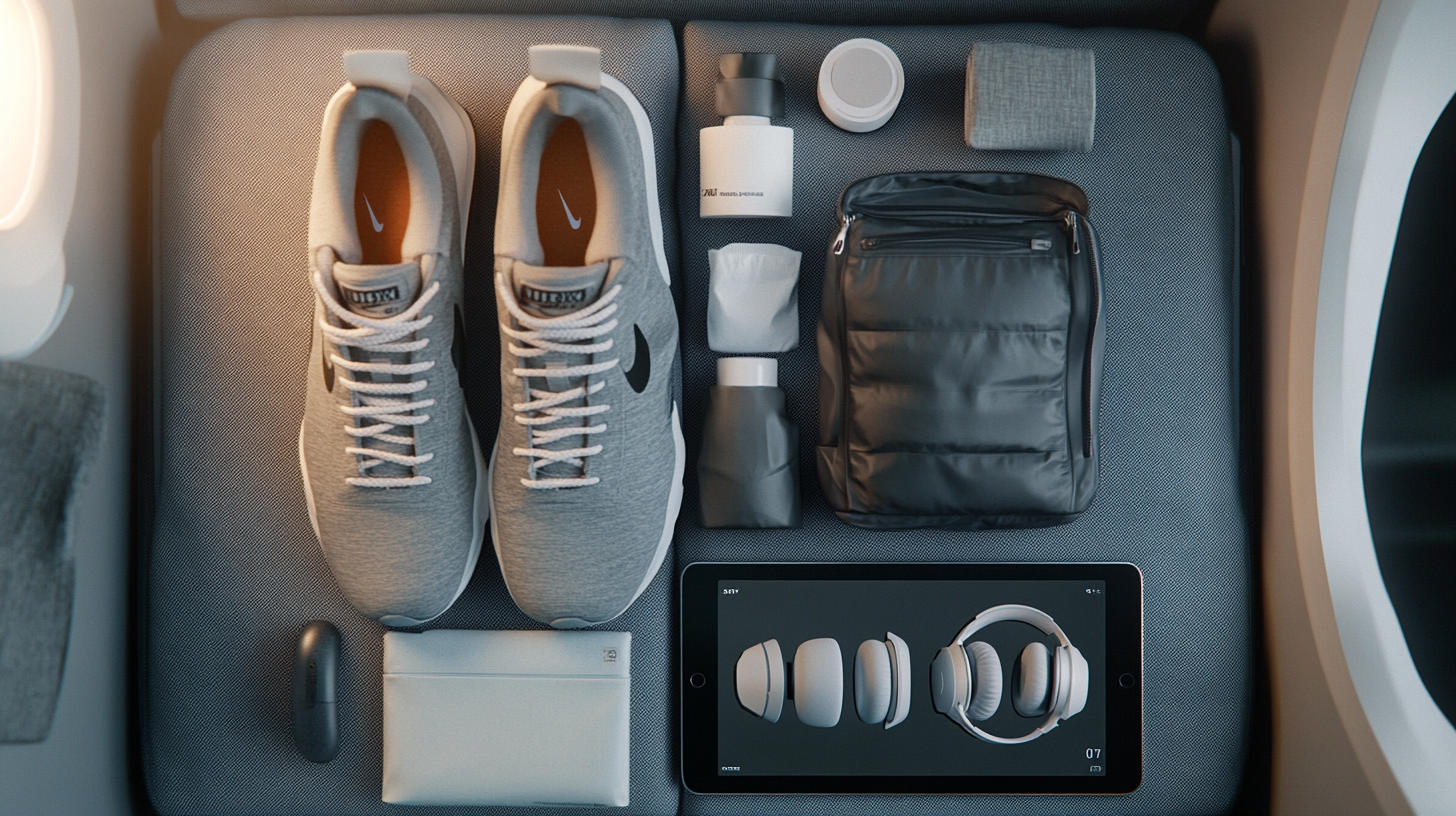 The image shows a neatly arranged collection of travel essentials on a gray surface. Items include a pair of gray sneakers, a small black pouch, a white bottle, a gray cylindrical container, a folded gray fabric, a pair of wireless earbuds in a black case, a white rectangular pouch, and a tablet displaying an image of headphones.