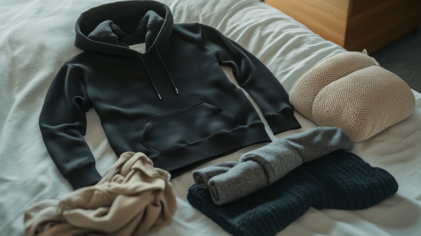 The image shows a neatly arranged black hoodie on a bed, surrounded by folded clothing items, including a beige knit pillow, a beige garment, and two rolled-up pieces of clothing in gray and dark blue.