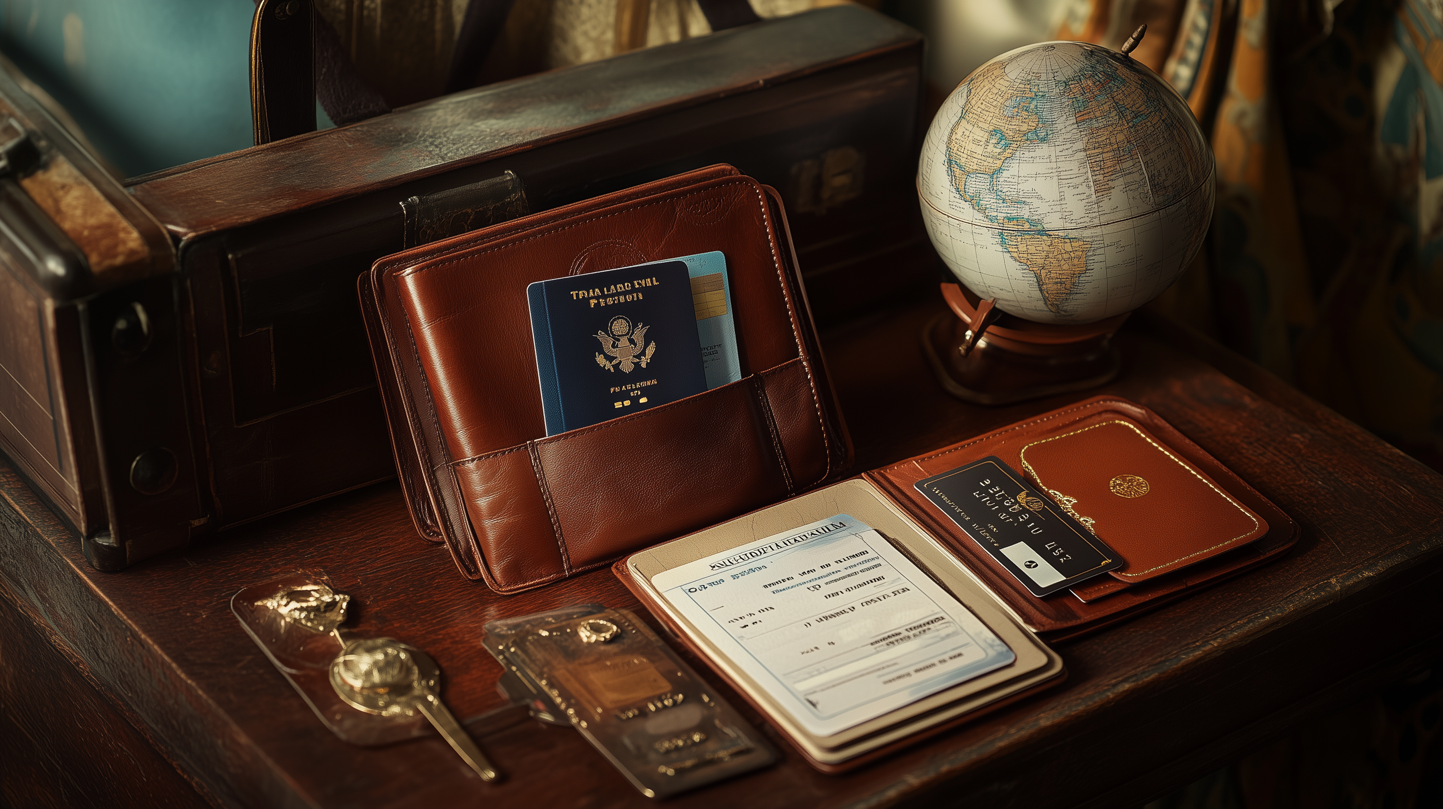 The image shows a vintage travel-themed setup on a wooden table. There is a leather wallet containing a passport, a boarding pass, and a credit card. Nearby, there is a small globe on a stand, a pair of gold-colored keys, and an old-fashioned suitcase. The scene conveys a sense of nostalgia and adventure.