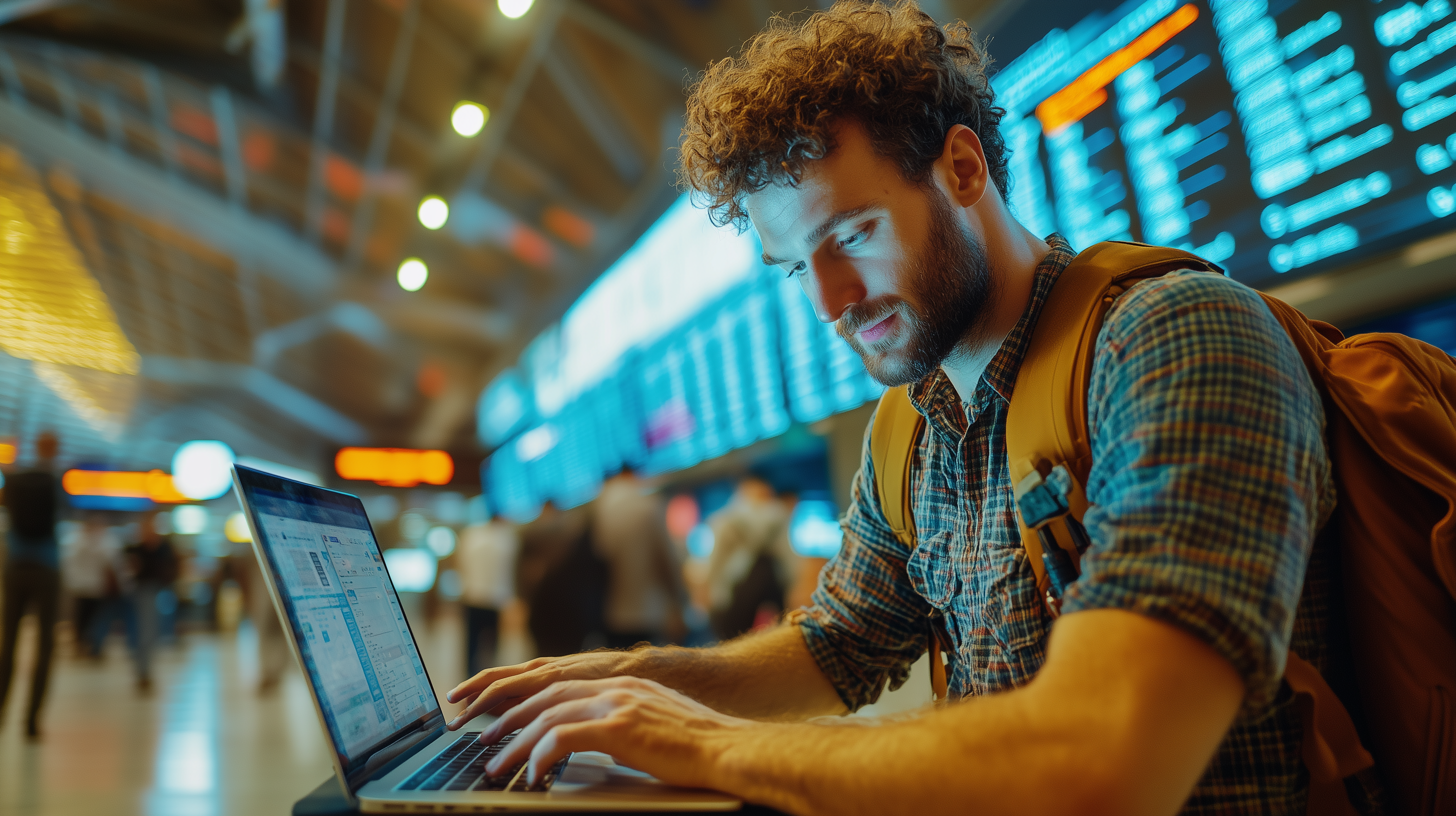 A man with curly hair and a beard is sitting in an airport terminal, using a laptop. He is wearing a plaid shirt and has a backpack. In the background, there are blurred people and a large digital flight information board displaying various flight details. The setting is busy and well-lit.