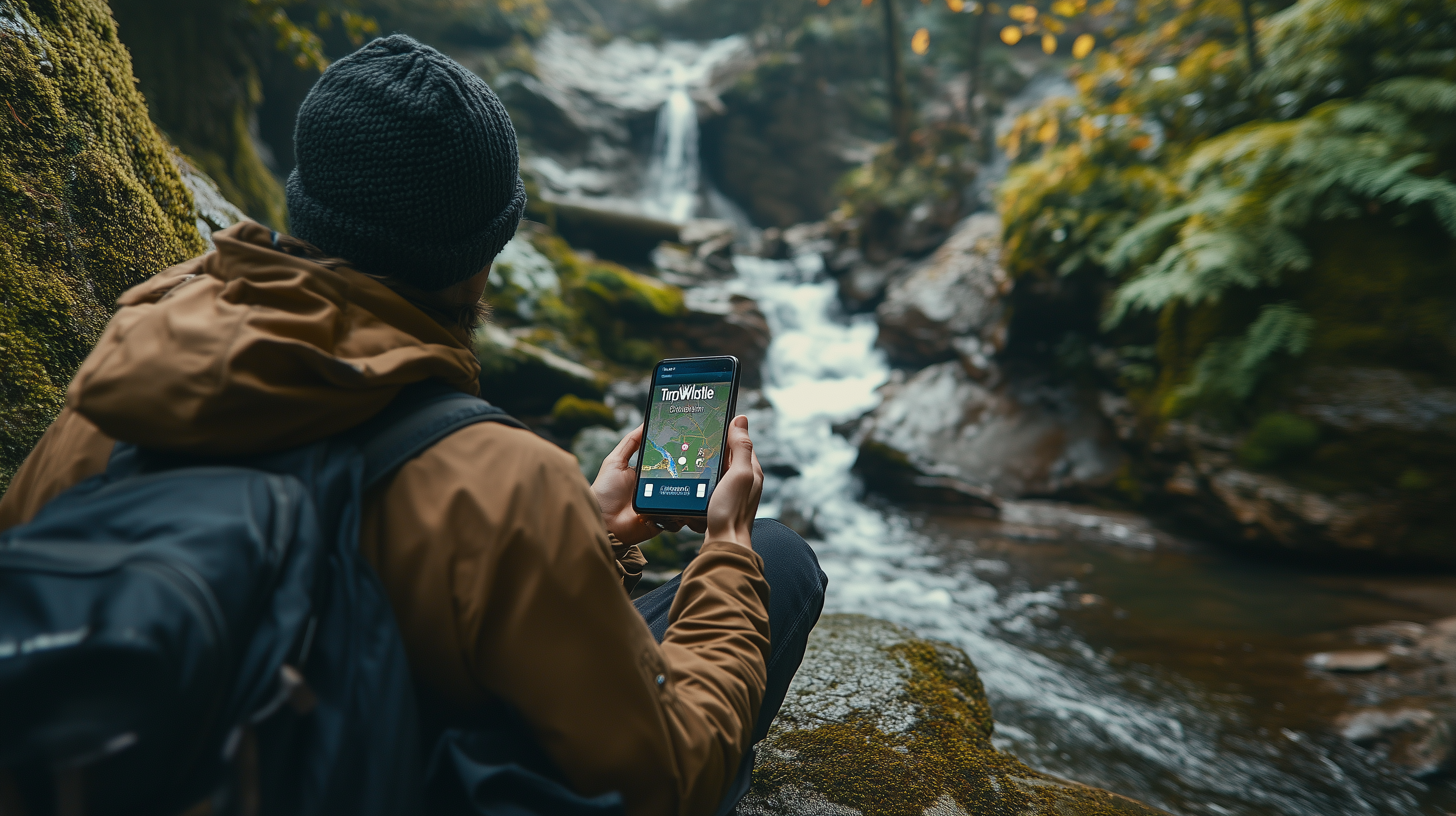 A person wearing a brown jacket and black beanie is sitting on a rock by a stream in a forest. They are holding a smartphone displaying a map app. The background features a small waterfall and lush greenery.