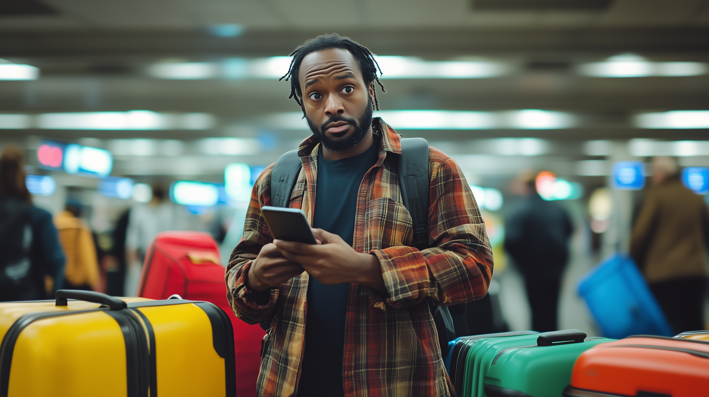 A man with a surprised expression is standing in an airport terminal, holding a smartphone. He is wearing a plaid shirt and a backpack. Around him are several colorful suitcases, including yellow, red, and green ones. The background is slightly blurred, showing other travelers and airport signage.
