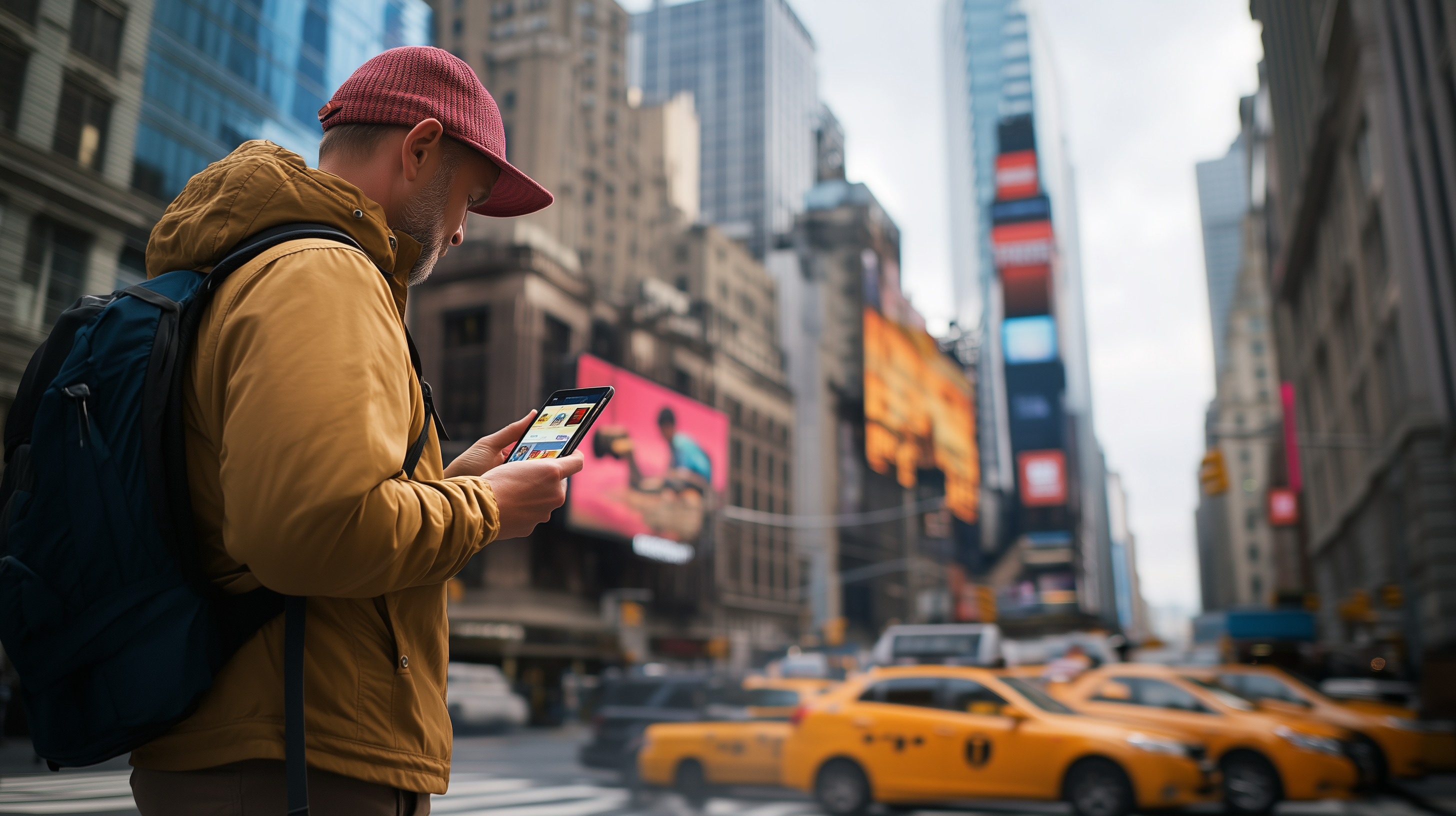 A person wearing a red cap and a yellow jacket is standing on a busy city street, looking at a smartphone. They have a backpack on. In the background, there are tall buildings with large digital billboards and several yellow taxis on the street, suggesting an urban setting.