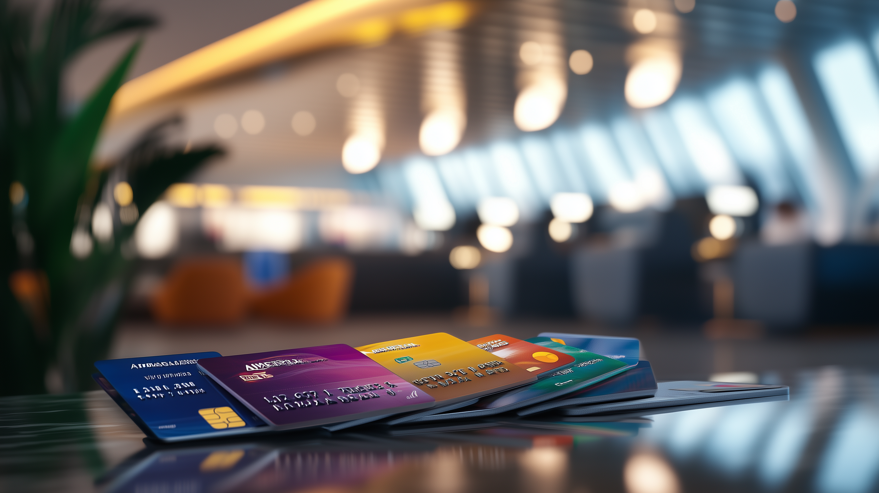 The image shows a stack of various credit cards placed on a reflective surface. The background is blurred, suggesting a modern, well-lit interior space, possibly an airport lounge or a similar setting. The focus is on the credit cards, which are of different colors and designs.