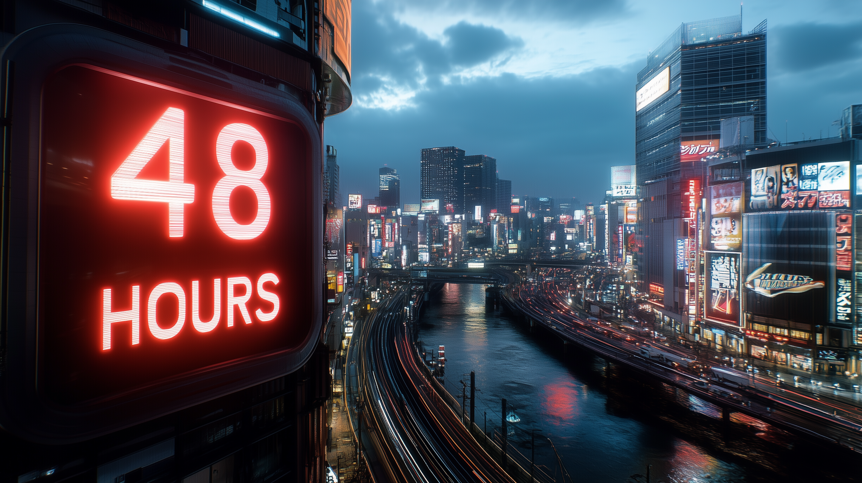 The image depicts a vibrant cityscape at night, featuring a large digital sign on the left displaying "48 HOURS" in red neon lights. The city is illuminated with numerous colorful billboards and advertisements. A river runs through the scene, with light trails from vehicles on the roads and bridges, creating a dynamic and bustling urban atmosphere.