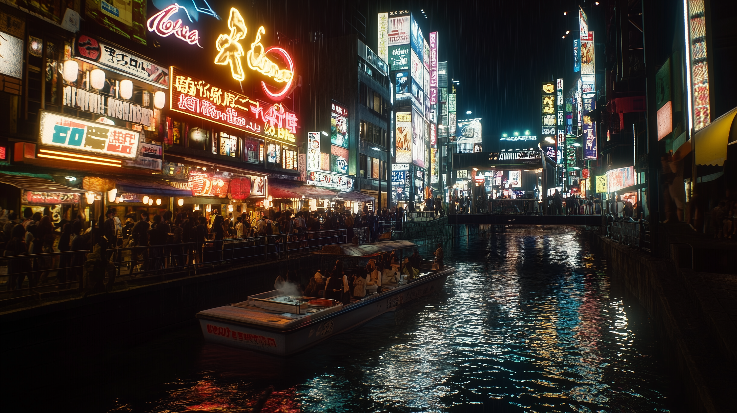 A vibrant night scene in an urban area with a canal. The image features a boat with passengers on the water, surrounded by brightly lit buildings adorned with numerous colorful neon signs in Japanese. The area is bustling with people walking along the canal's edge, creating a lively atmosphere. Reflections of the neon lights shimmer on the water's surface.