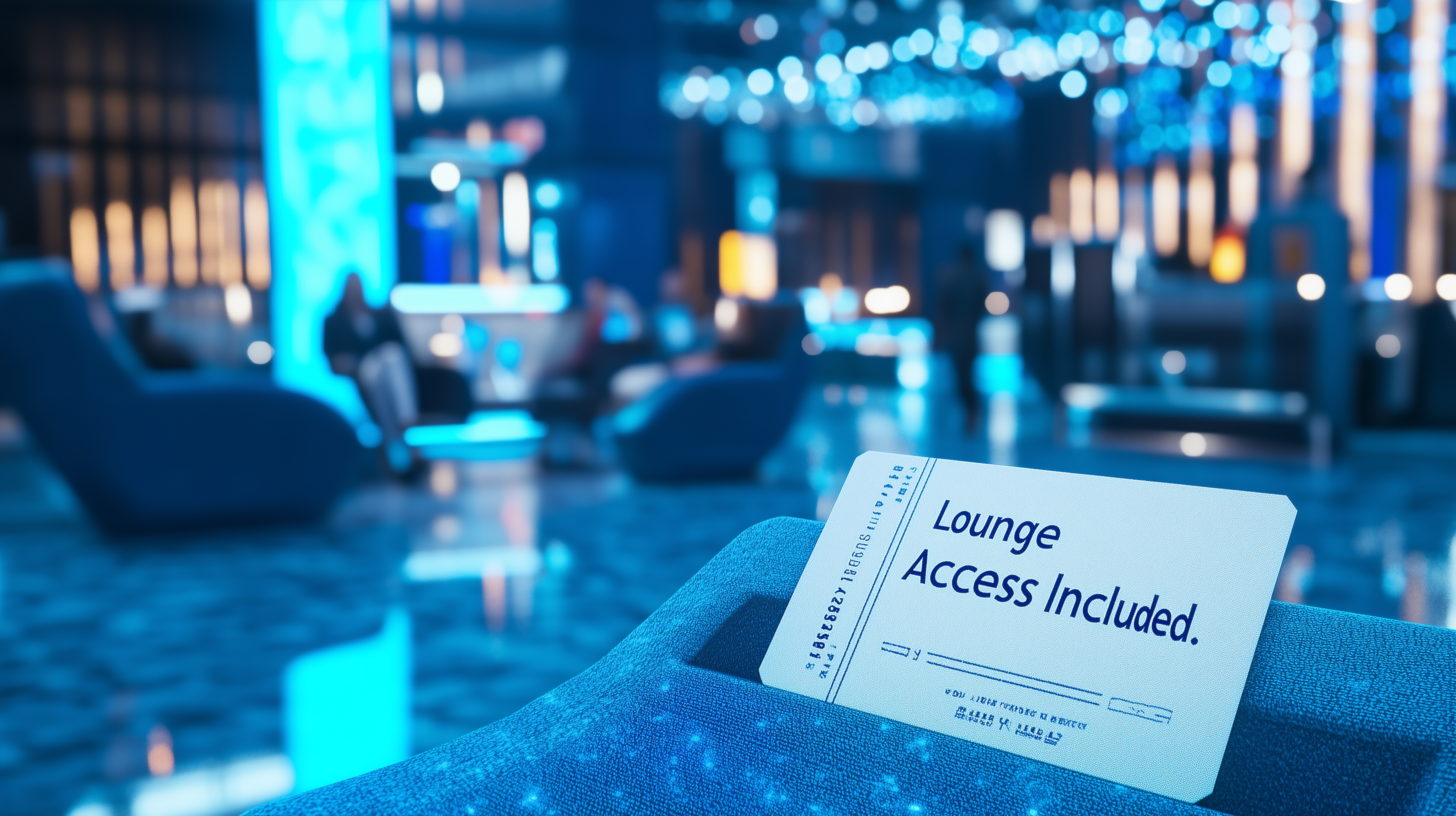 The image shows a modern, dimly lit lounge with blue lighting. In the foreground, there is a card or ticket on a seat that reads "Lounge Access Included." The background is blurred, showing people sitting on lounge chairs and a bar area with ambient lighting.