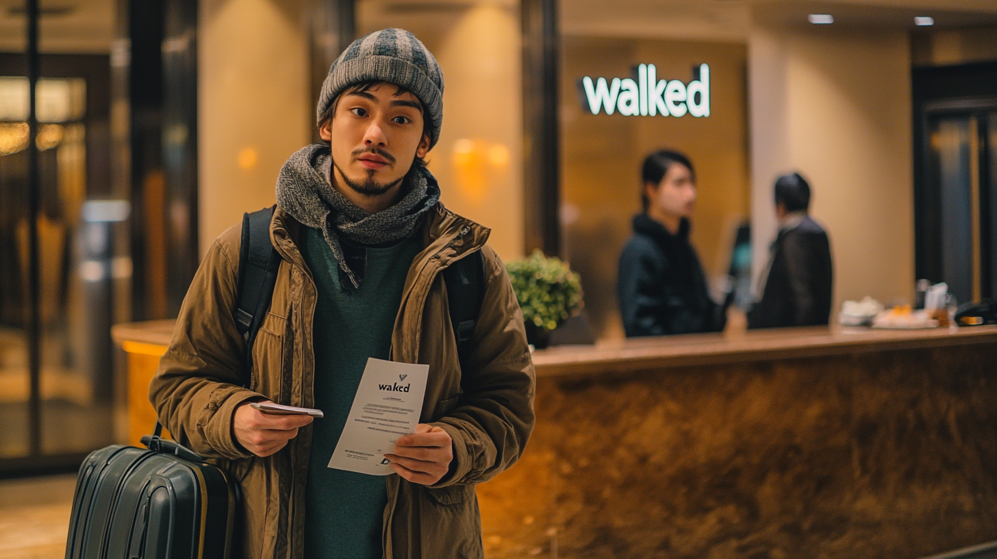 A man wearing a beanie, scarf, and jacket is standing in a hotel lobby, holding a piece of paper and a passport. He has a suitcase beside him. In the background, there is a reception desk with two people and a sign that reads "walked."