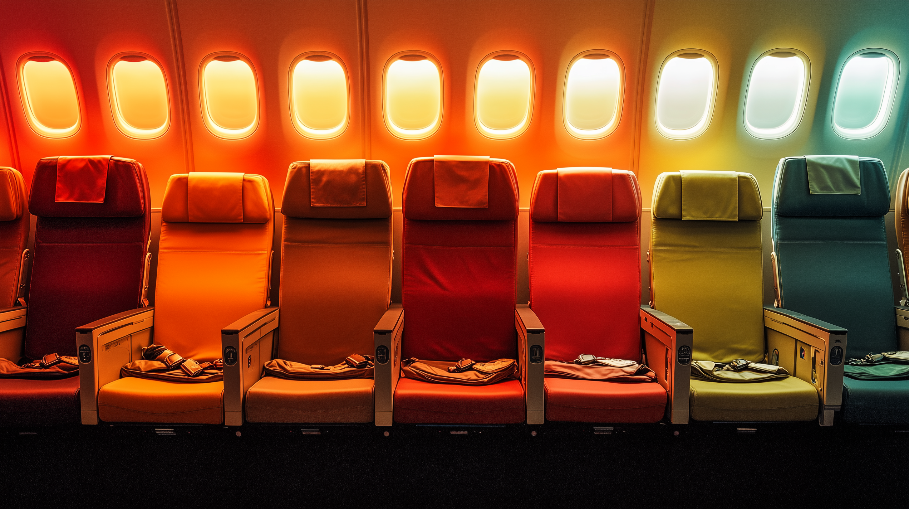 The image shows a row of airplane seats, each in a different color, arranged in a gradient from red to blue. The seats are illuminated by warm light coming through the airplane windows, creating a vibrant and colorful atmosphere inside the cabin.