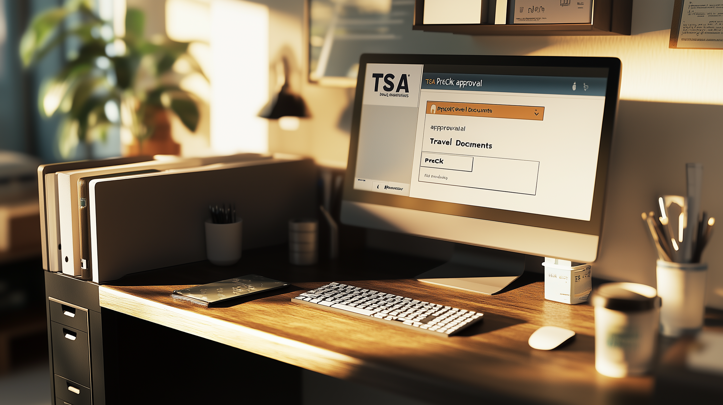 A modern office desk with a computer displaying a TSA PreCheck approval screen. The desk has a keyboard, mouse, smartphone, and a coffee cup. There are file folders and a small plant in the background, with sunlight streaming in, creating a warm atmosphere.