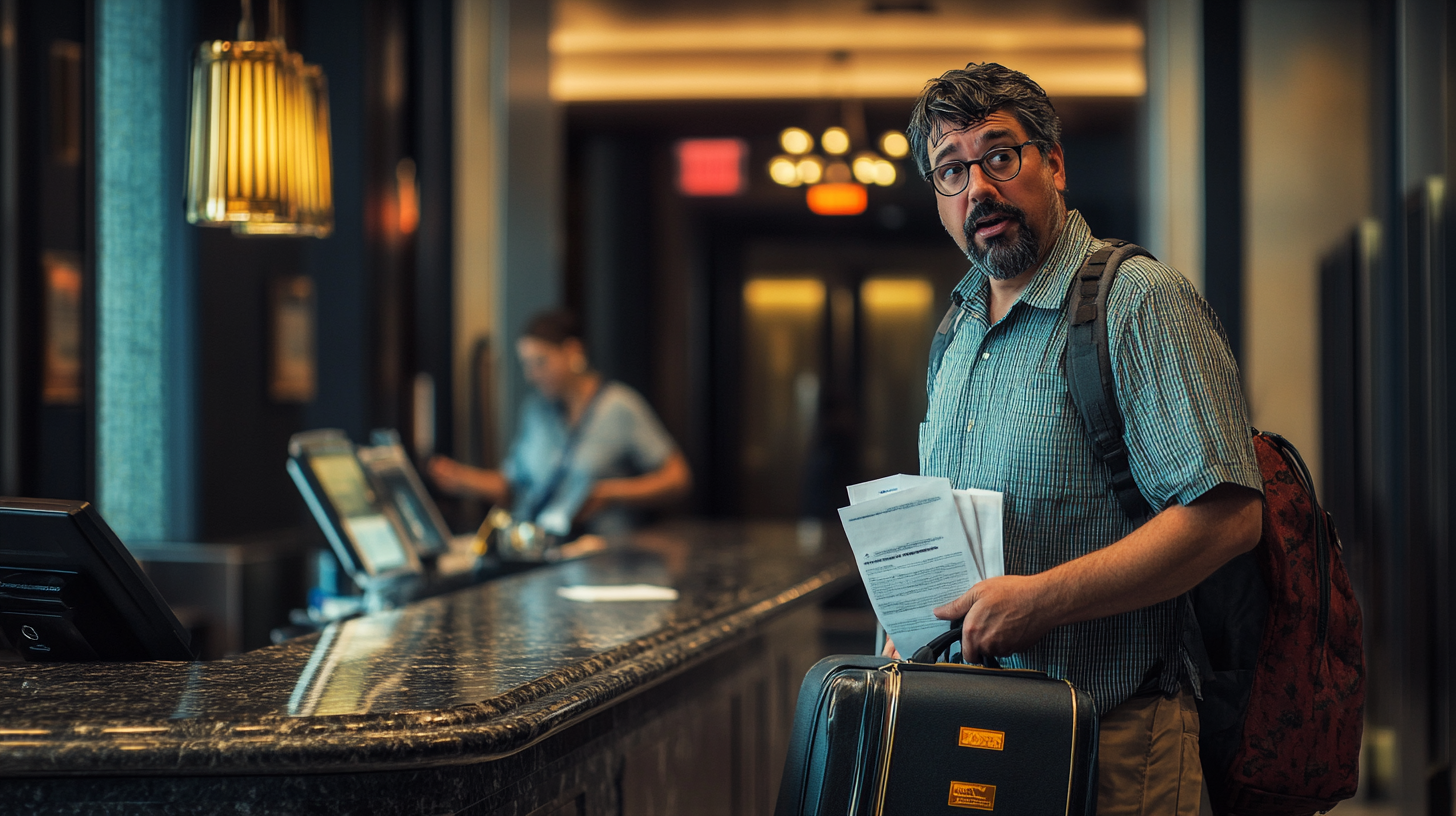 A man with glasses and a beard stands at a hotel reception desk, holding a suitcase and some papers. He is wearing a checkered shirt and has a backpack. The background shows another person at the desk and a warmly lit interior with modern decor.
