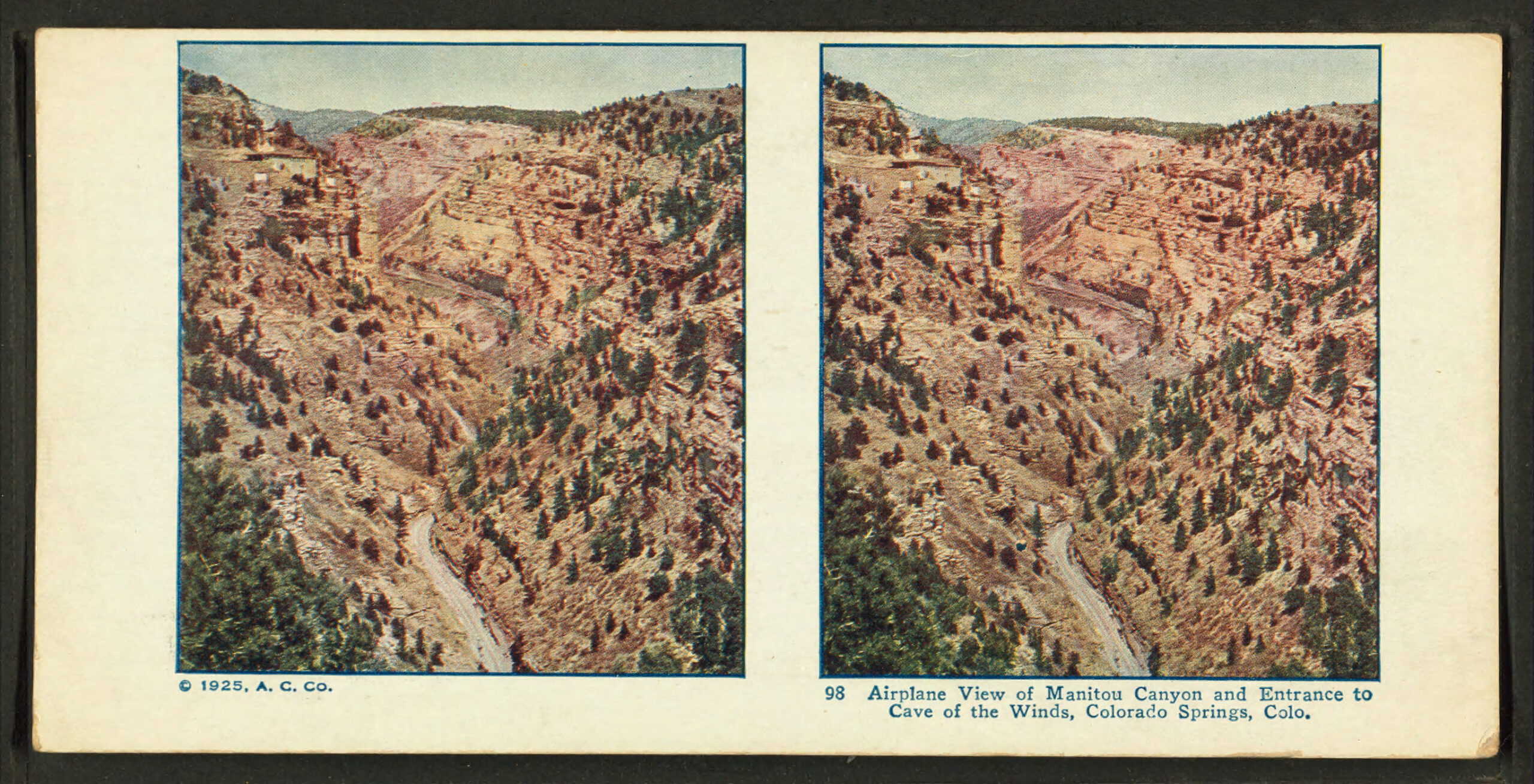 The image shows a stereoscopic view of a canyon landscape with rugged, rocky terrain and scattered trees. It is labeled as an "Airplane View of Manitou Canyon and Entrance to Cave of the Winds, Colorado Springs, Colo." The image is from 1925, produced by A. C. Co.