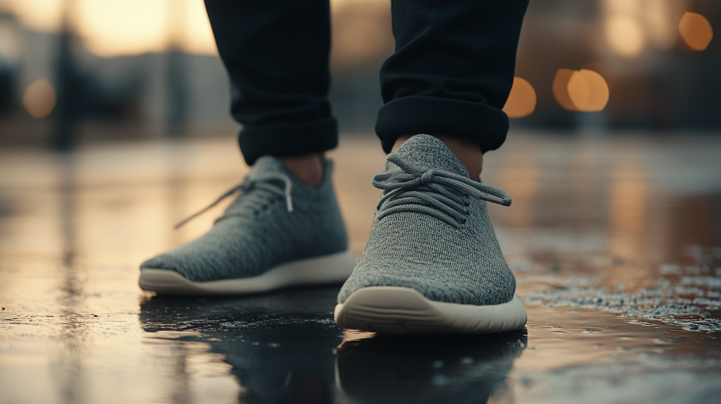 A person wearing gray knit sneakers is standing on a wet surface. The background is blurred with warm, out-of-focus lights, suggesting an urban setting at dusk or dawn.