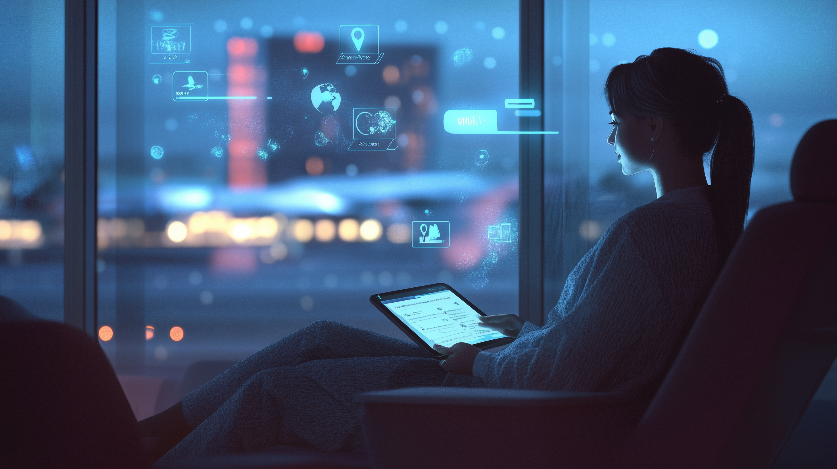 A woman is sitting in a dimly lit room, holding a tablet. She is looking out a large window at a cityscape with blurred lights. Holographic icons and data are projected in the air around her, suggesting a futuristic or digital interface. The atmosphere is calm and high-tech.