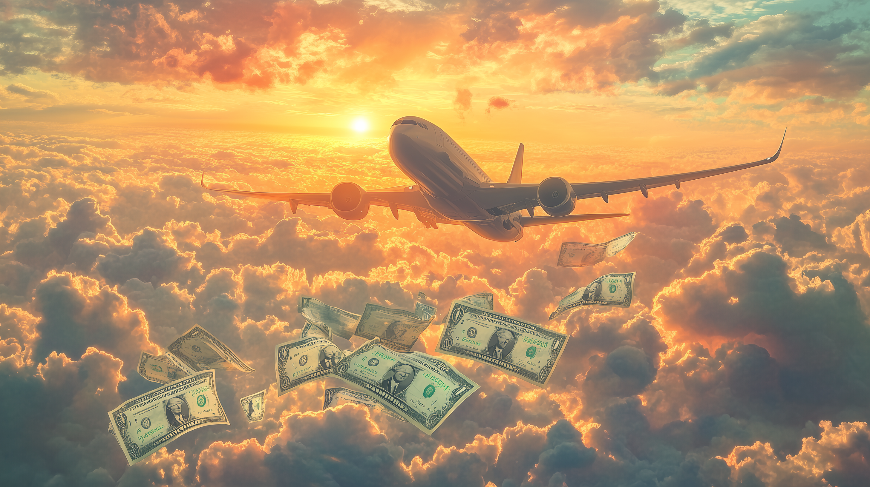 An airplane is flying above the clouds during a sunset, with several dollar bills floating in the air around it. The sky is filled with vibrant orange and yellow hues.