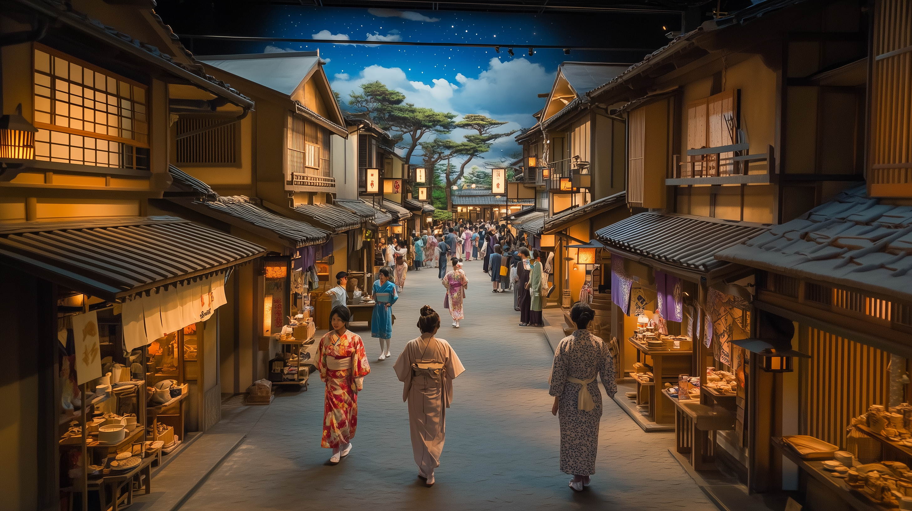 A bustling street scene in a traditional Japanese village, with people wearing kimonos walking along a narrow path lined with wooden buildings. The shops display various goods, and lanterns illuminate the area. The sky is painted with stars and clouds, adding to the ambiance.