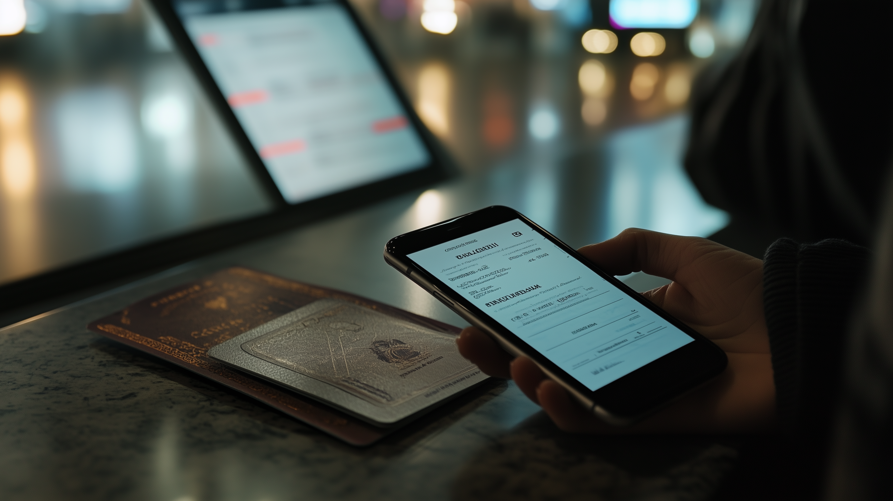 A person is holding a smartphone displaying a digital boarding pass. The phone is held over a counter where a passport is placed. In the background, there is a blurred screen, possibly an airport information display. The setting suggests a travel or airport environment.